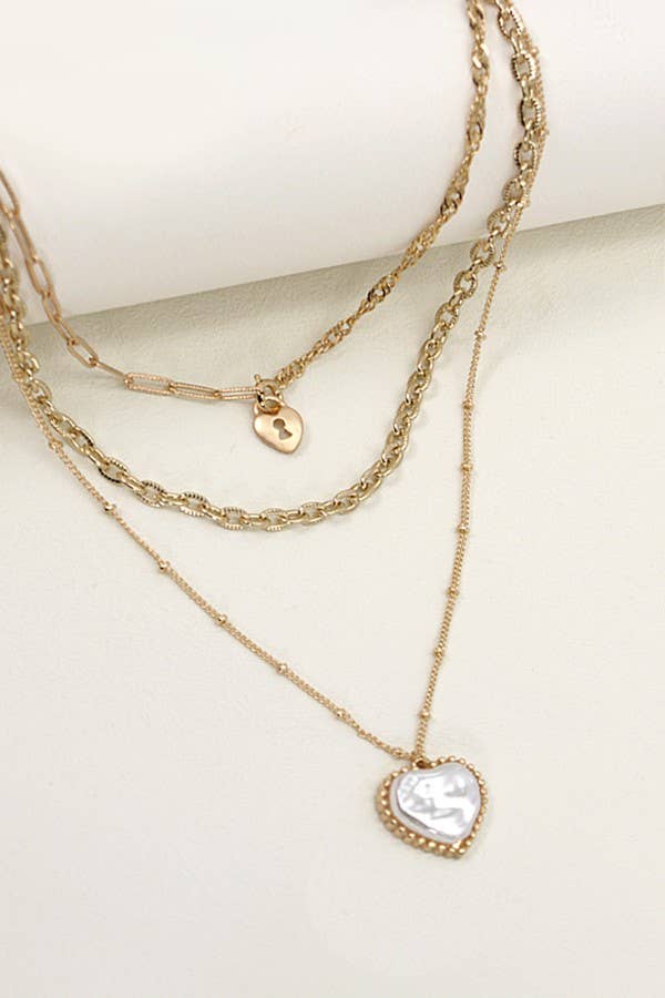 Triple Layer Heart Lock Pearl Gold Necklace - Lavender Hills BeautyJosslyn by Wall to Wall80N354