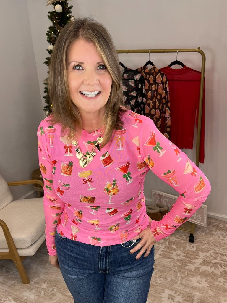 Keigan Mesh Long Sleeve Top Shirt - Holiday Drinks - Lavender Hills BeautyJess Lea25090027-S