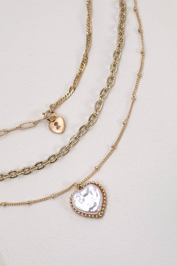 Triple Layer Heart Lock Pearl Gold Necklace - Lavender Hills BeautyJosslyn by Wall to Wall80N354
