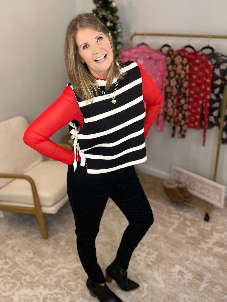 Side Tie Striped Sweater Vest Top - Lavender Hills BeautyZenanaTW-2633Y-BLK-S