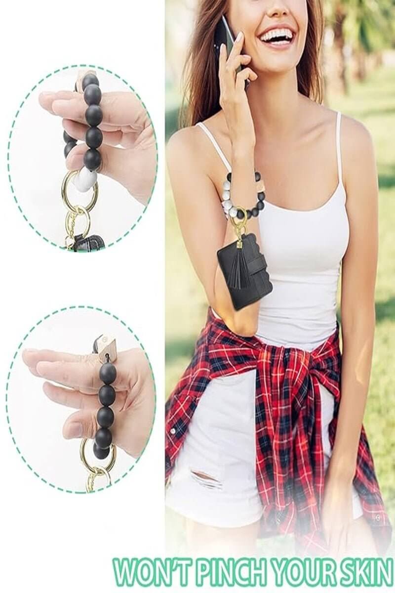 Card Wristlet Wallet with Beaded Tassel Bracelet Keychain - Lavender Hills BeautyLavender Hills BeautyU - 264 - BLK