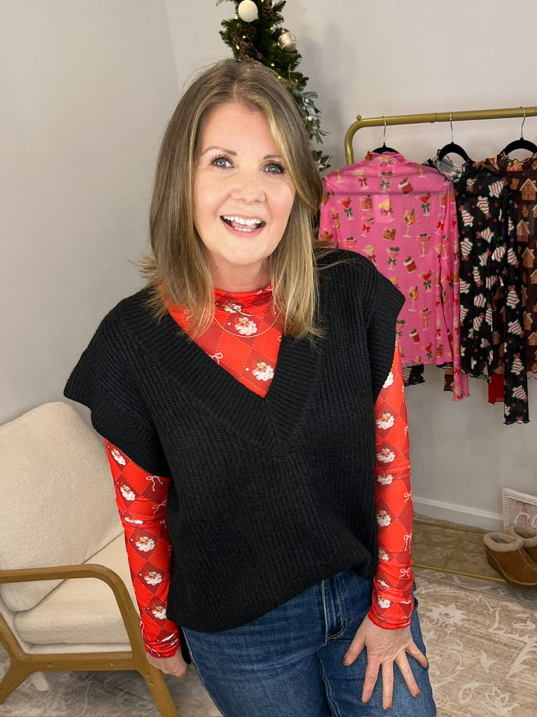 V-Neck Short Sleeve Sweater Vest Top - Black