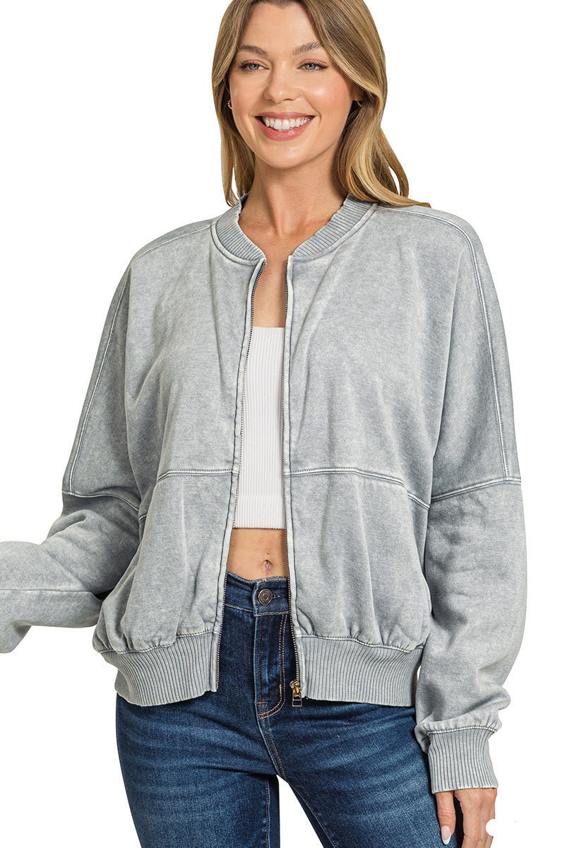 Acid Washed Bomber Jacket - Grey - Lavender Hills BeautyZenanaOJW - 4393Y - SLT - S