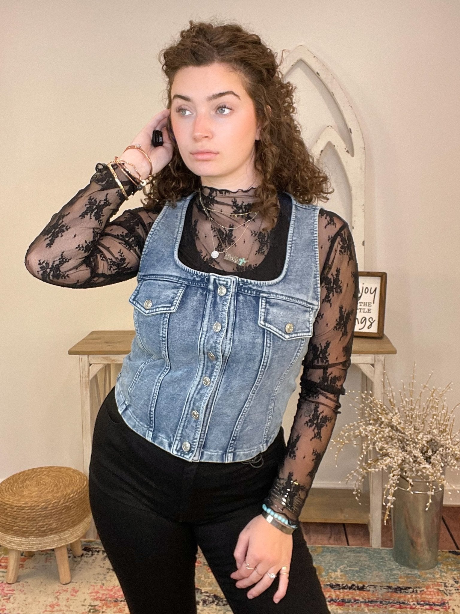 Almost Denim Sleeveless Comfort Vest Top - Lavender Hills BeautyWhite BirchT10828XL - BLU - S