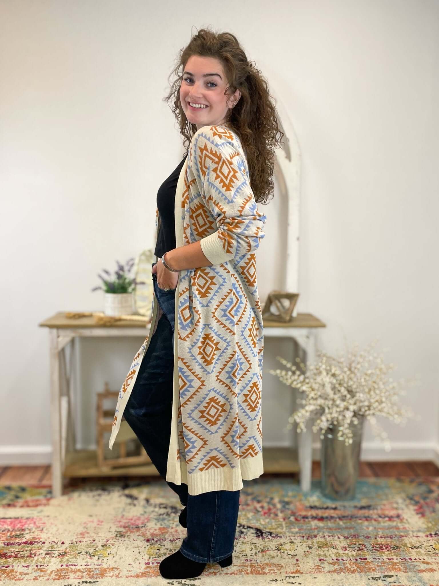 Aztec Print Long Duster Cardigan Sweater - Lavender Hills BeautyFirst LoveIT1377 - S