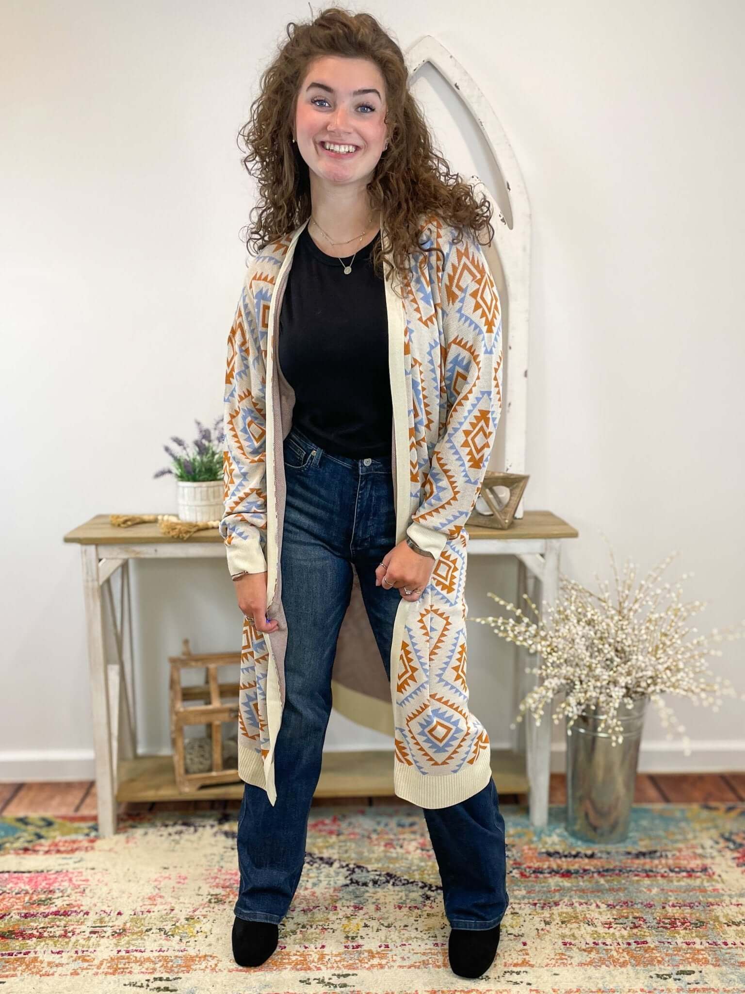 Aztec Print Long Duster Cardigan Sweater - Lavender Hills BeautyFirst LoveIT1377 - S