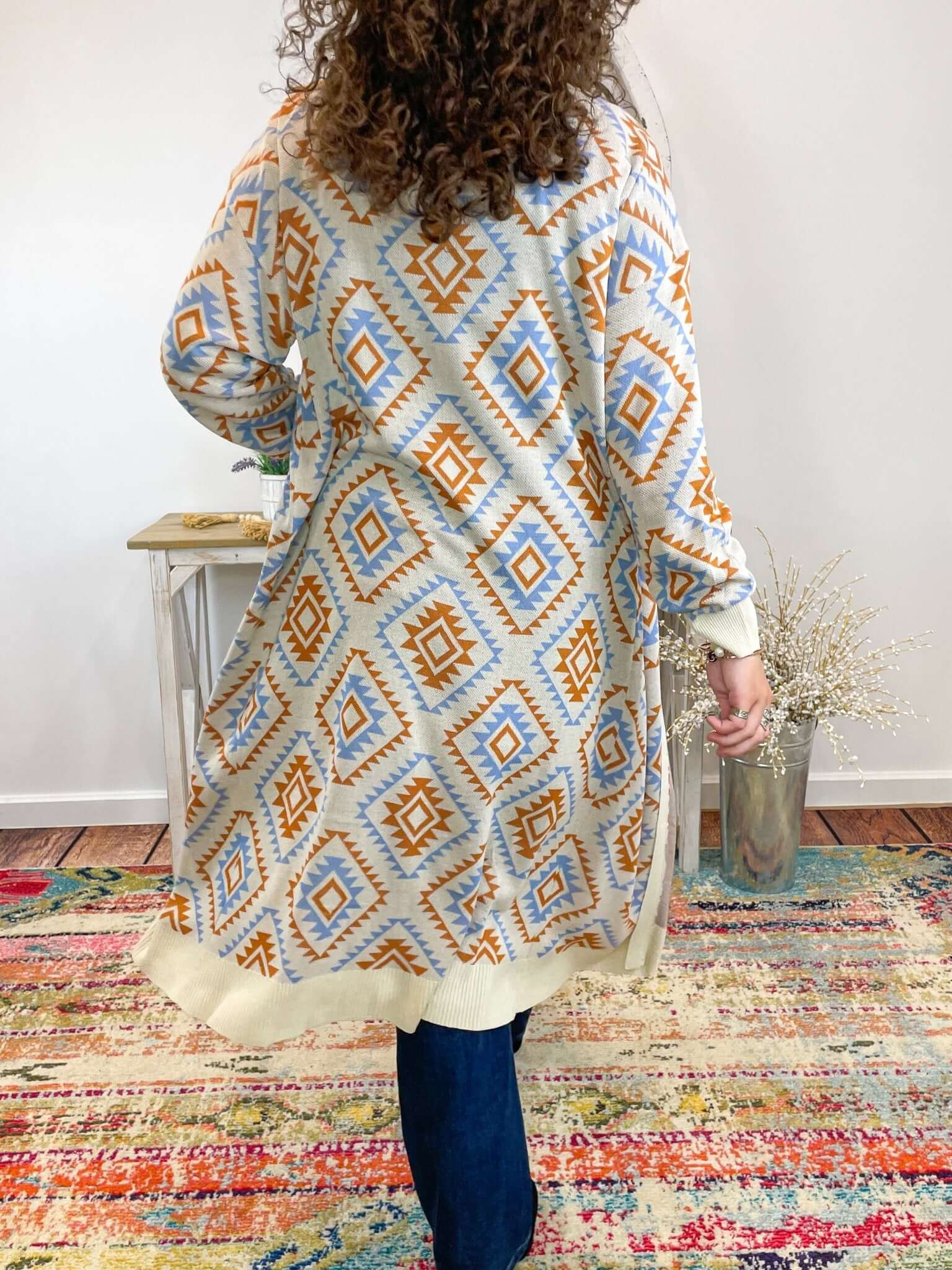 Aztec Print Long Duster Cardigan Sweater - Lavender Hills BeautyFirst LoveIT1377 - S