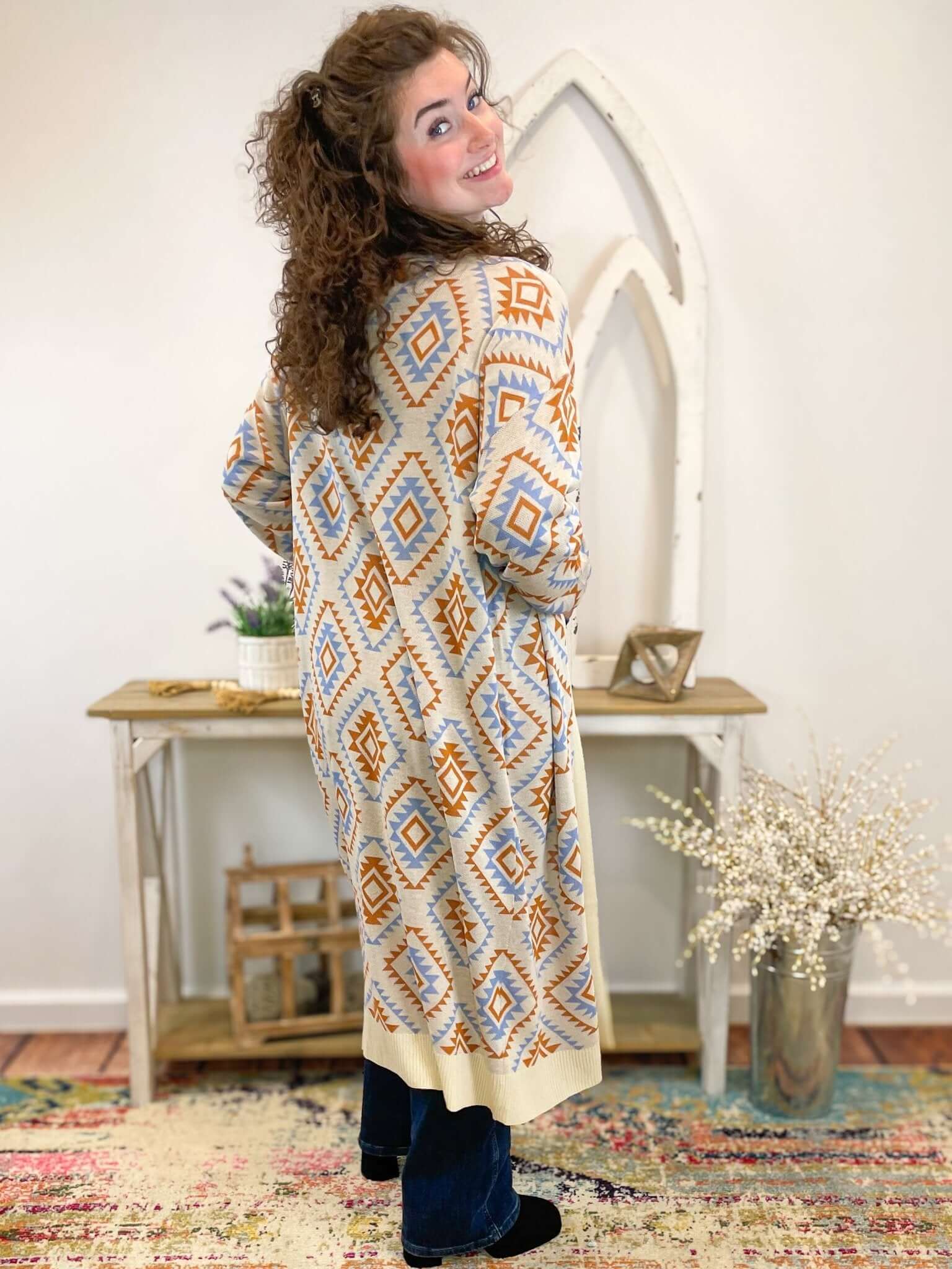 Aztec Print Long Duster Cardigan Sweater - Lavender Hills BeautyFirst LoveIT1377 - S