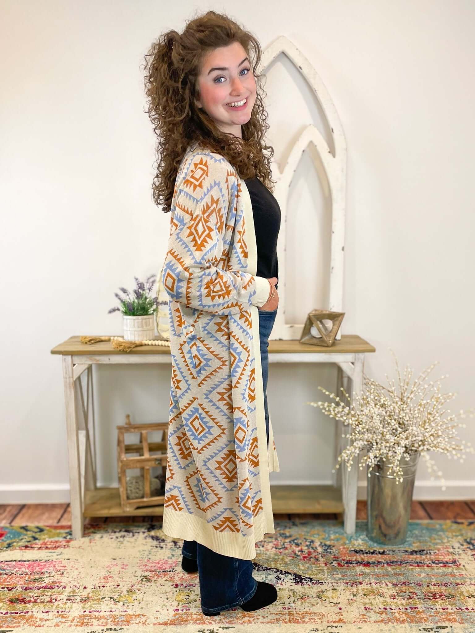 Aztec Print Long Duster Cardigan Sweater - Lavender Hills BeautyFirst LoveIT1377 - S