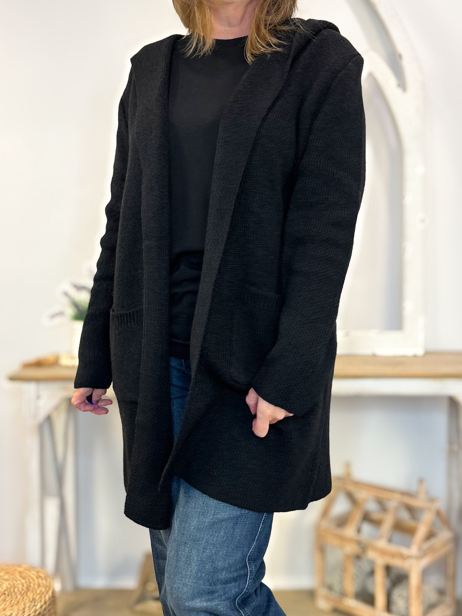 Black Hooded Cardigan Sweater