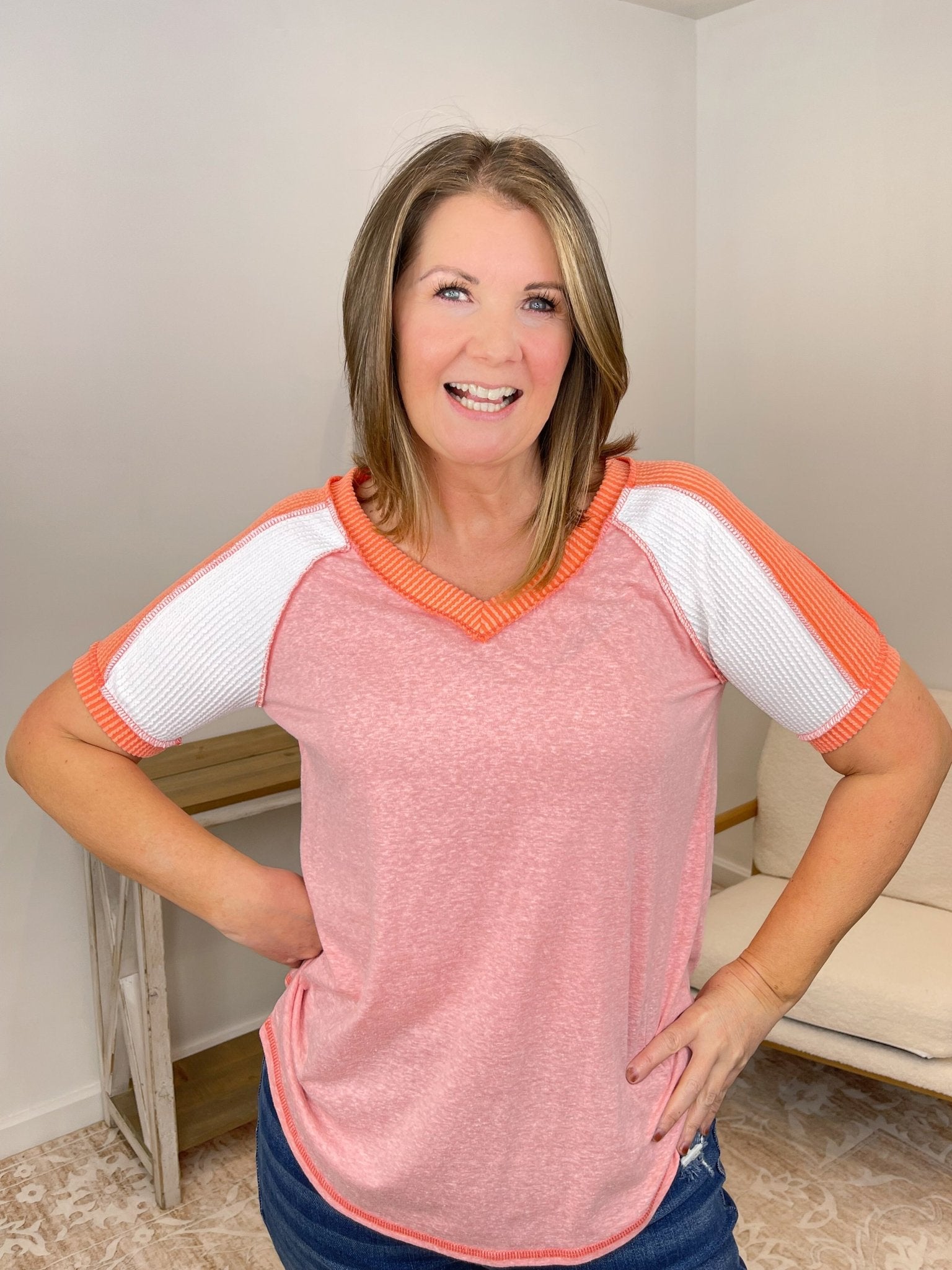 Bayside Colorblock V - neck Short Sleeve Top - Lavender Hills Beauty7th RayT5152MN-1