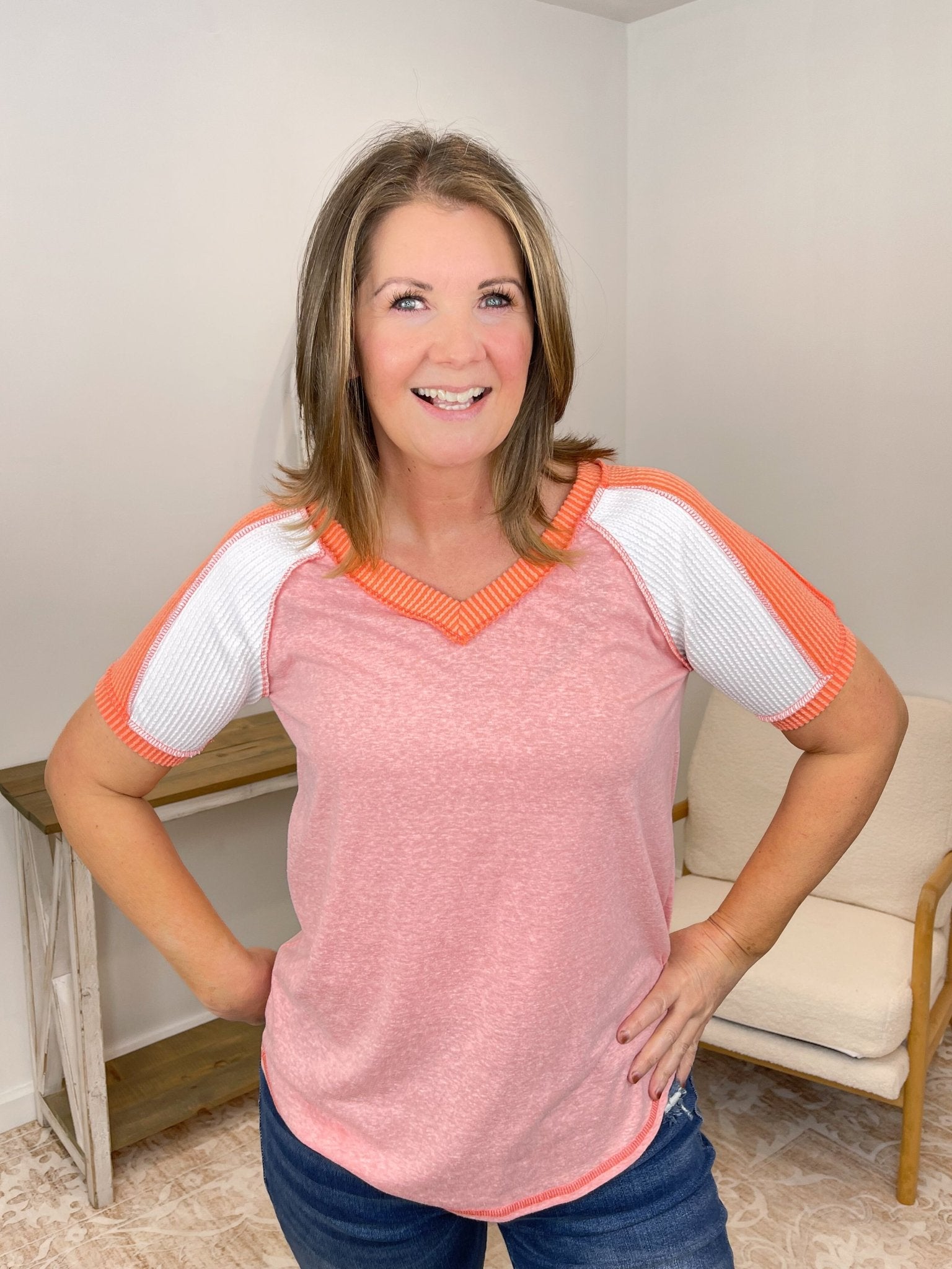 Bayside Colorblock V - neck Short Sleeve Top - Lavender Hills Beauty7th RayT5152MN-1