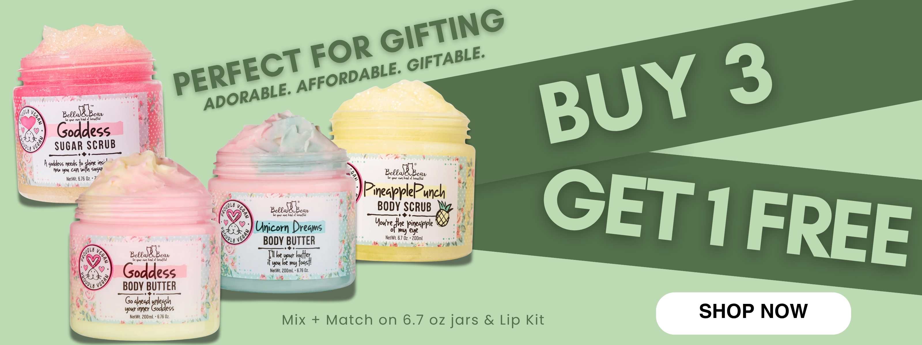 Promotional Banner for Bella & Bear Beauty Products featuring Buy 3, Get 1 Free