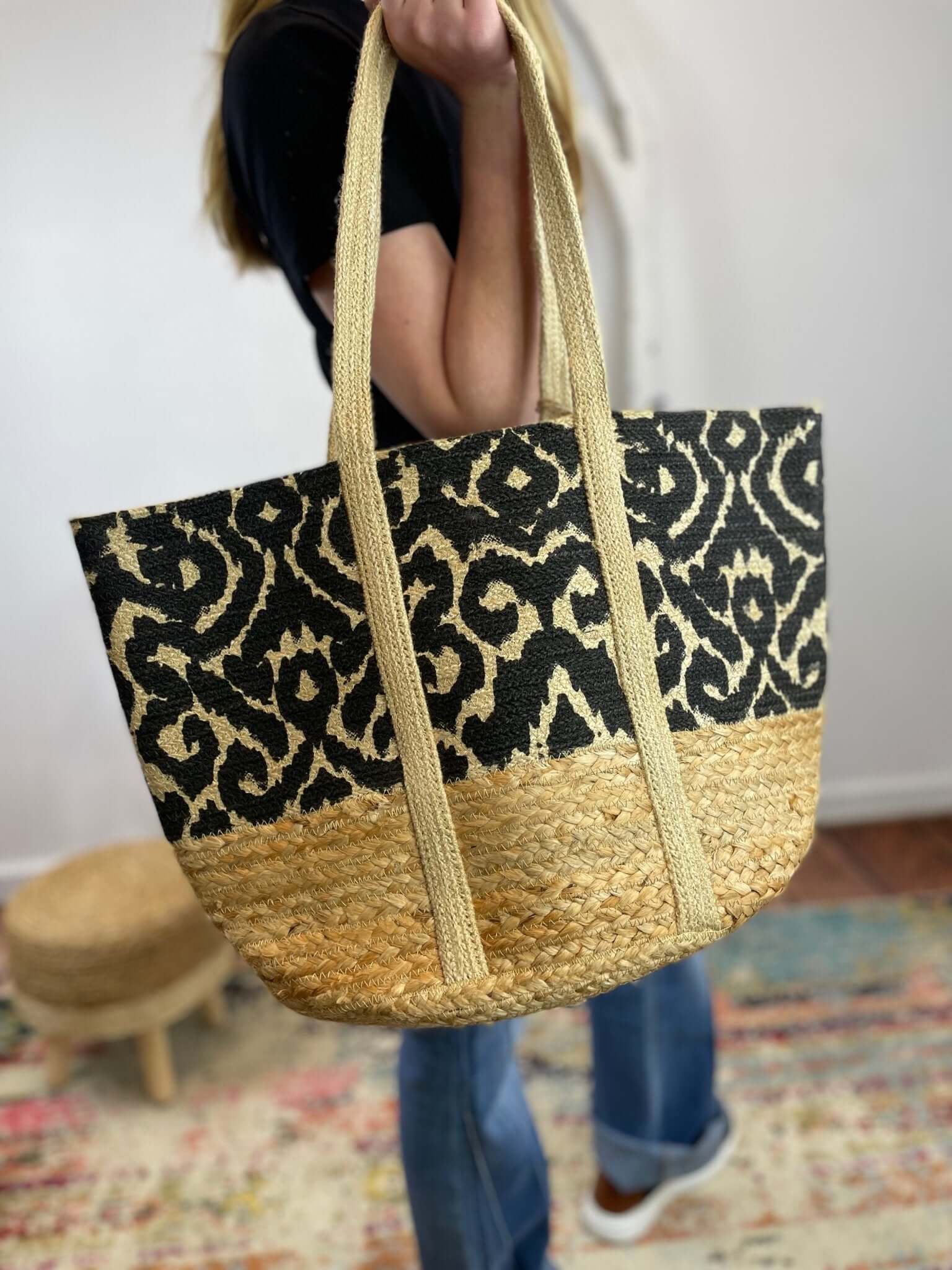 Black Geo Vines Painted June Shopper Jute Tote Bag - Lavender Hills BeautyJoy SusanM6013 - 00