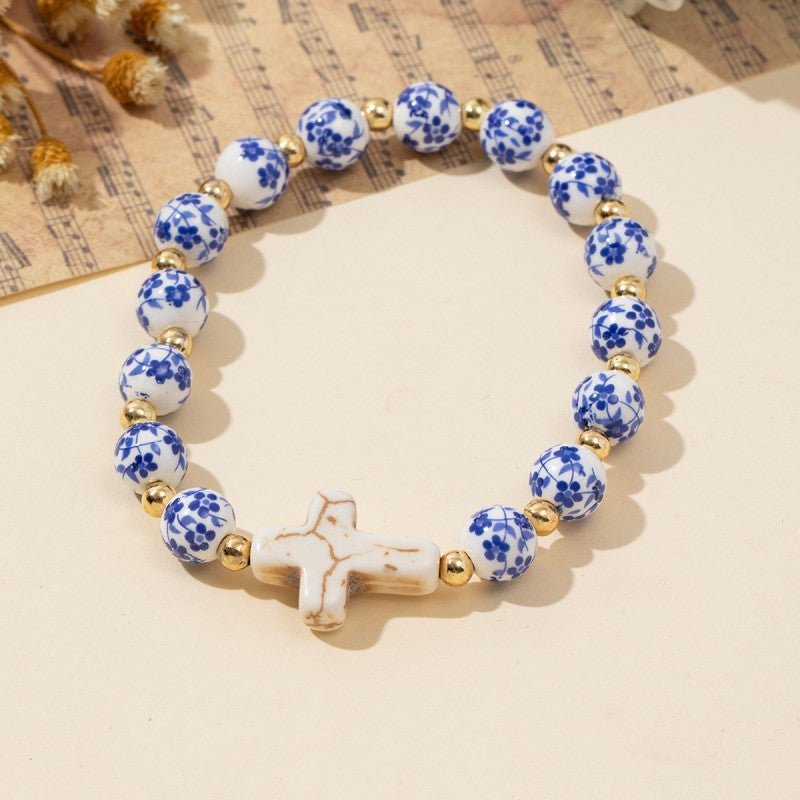 Blue Ceramic Porcelain Cross Charm Bracelet - Lavender Hills BeautyJosslyn by Wall to Wall40B5175