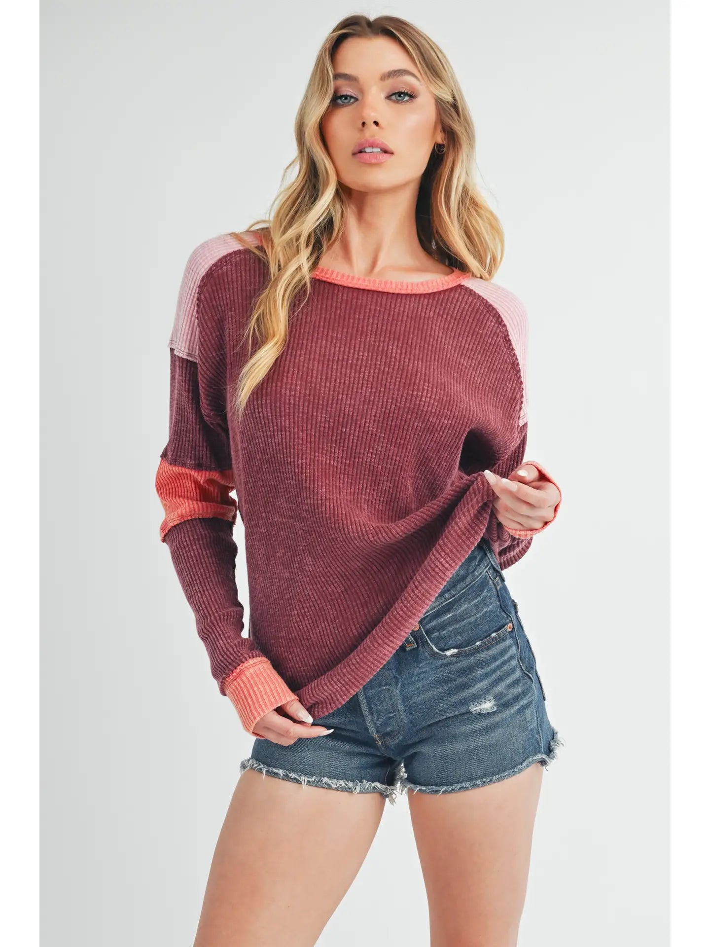 Blush & Brick Colorblock Long Sleeve Pullover Top - Lavender Hills BeautyAMEI & CO8327EK - BUR - S