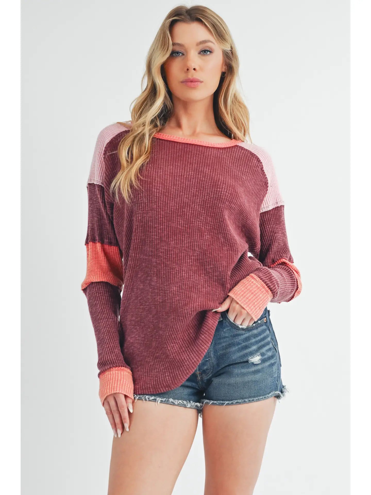 Blush & Brick Colorblock Long Sleeve Pullover Top - Lavender Hills BeautyAMEI & CO8327EK - BUR - S