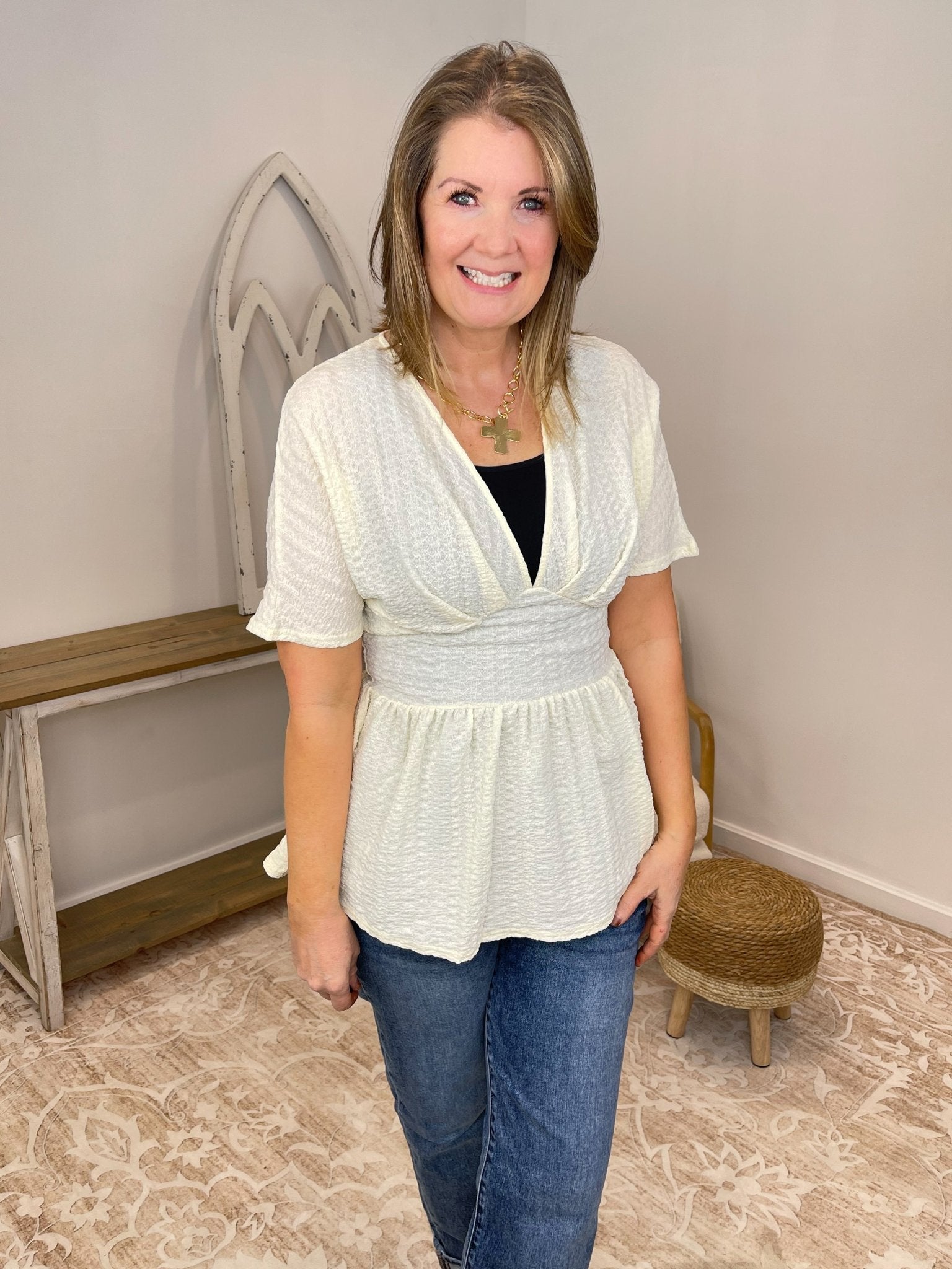 Buttercream Textured V - Neck Babydoll Peplum Blouse - Lavender Hills BeautyKori AmericaKCT1837A-S