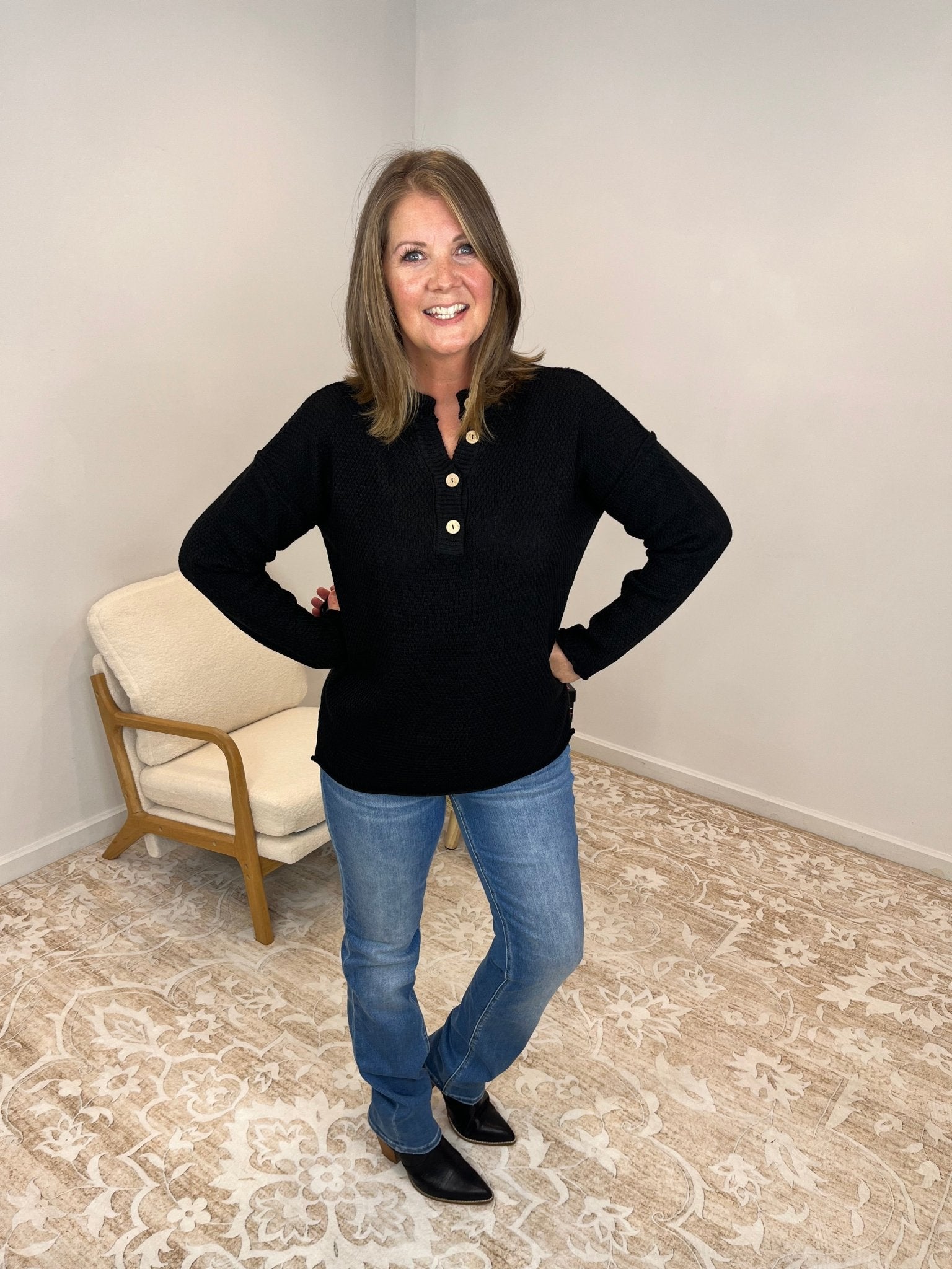 Button Henley Long Sleeve Sweater - Black - Lavender Hills BeautyZenanaTW - 2326A - BLK - SM