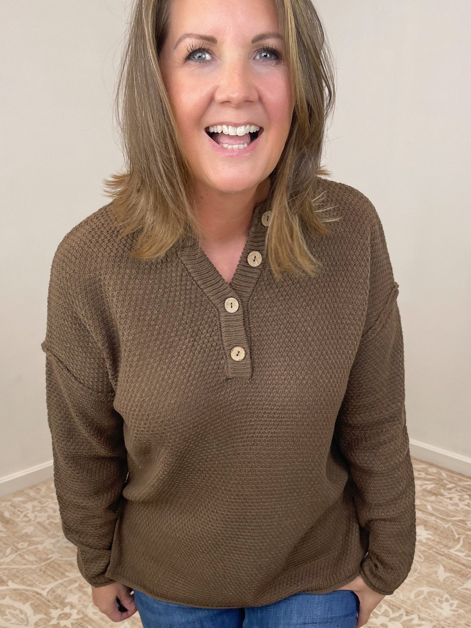 Button Henley Long Sleeve Sweater - Brown - Lavender Hills BeautyZenanaTW-2326A-BRN-SM