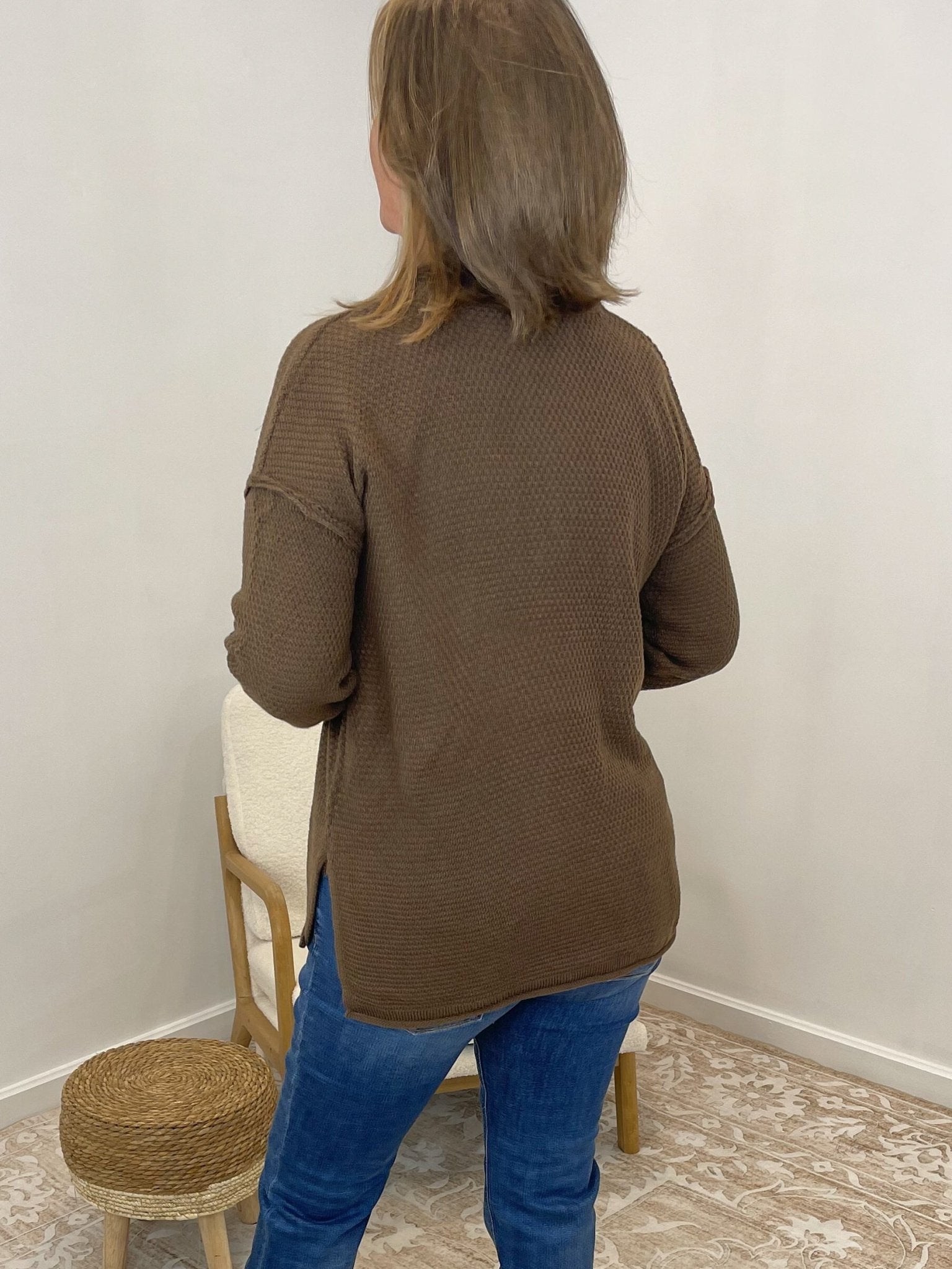 Button Henley Long Sleeve Sweater - Brown - Lavender Hills BeautyZenanaTW-2326A-BRN-SM