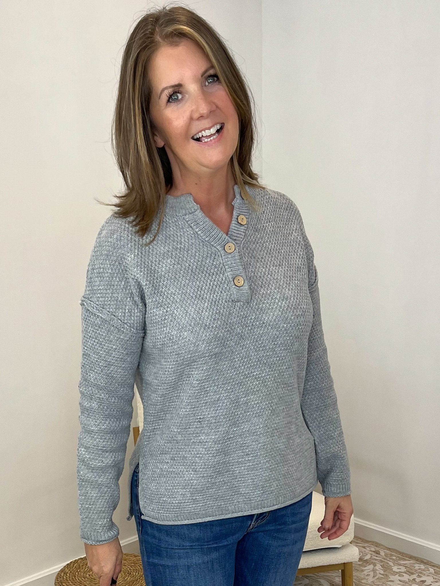 Button Henley Long Sleeve Sweater - Heather Grey - Lavender Hills BeautyZenanaTW-2326A-HGRY-SM