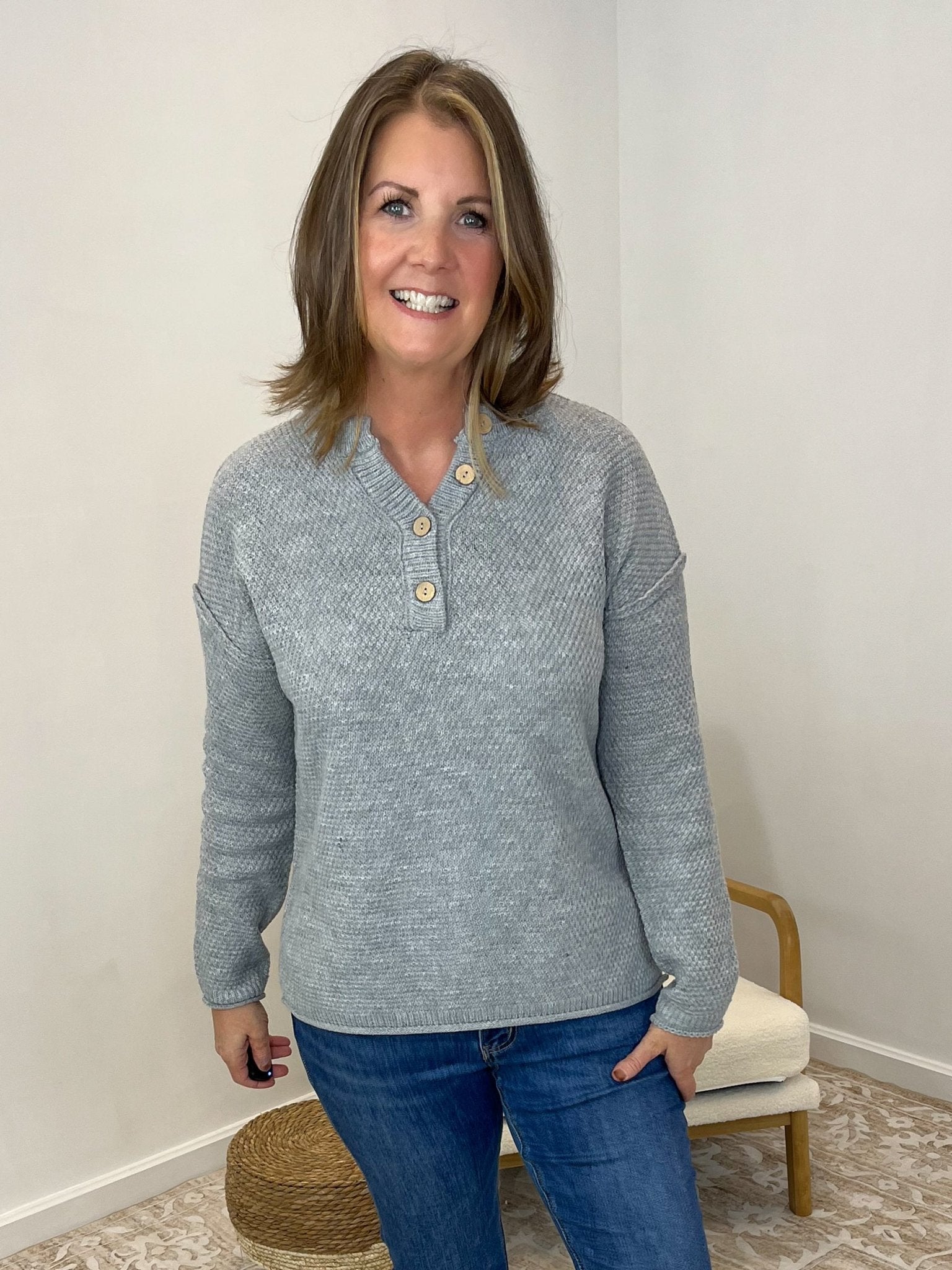 Button Henley Long Sleeve Sweater - Heather Grey - Lavender Hills BeautyZenanaTW-2326A-HGRY-SM
