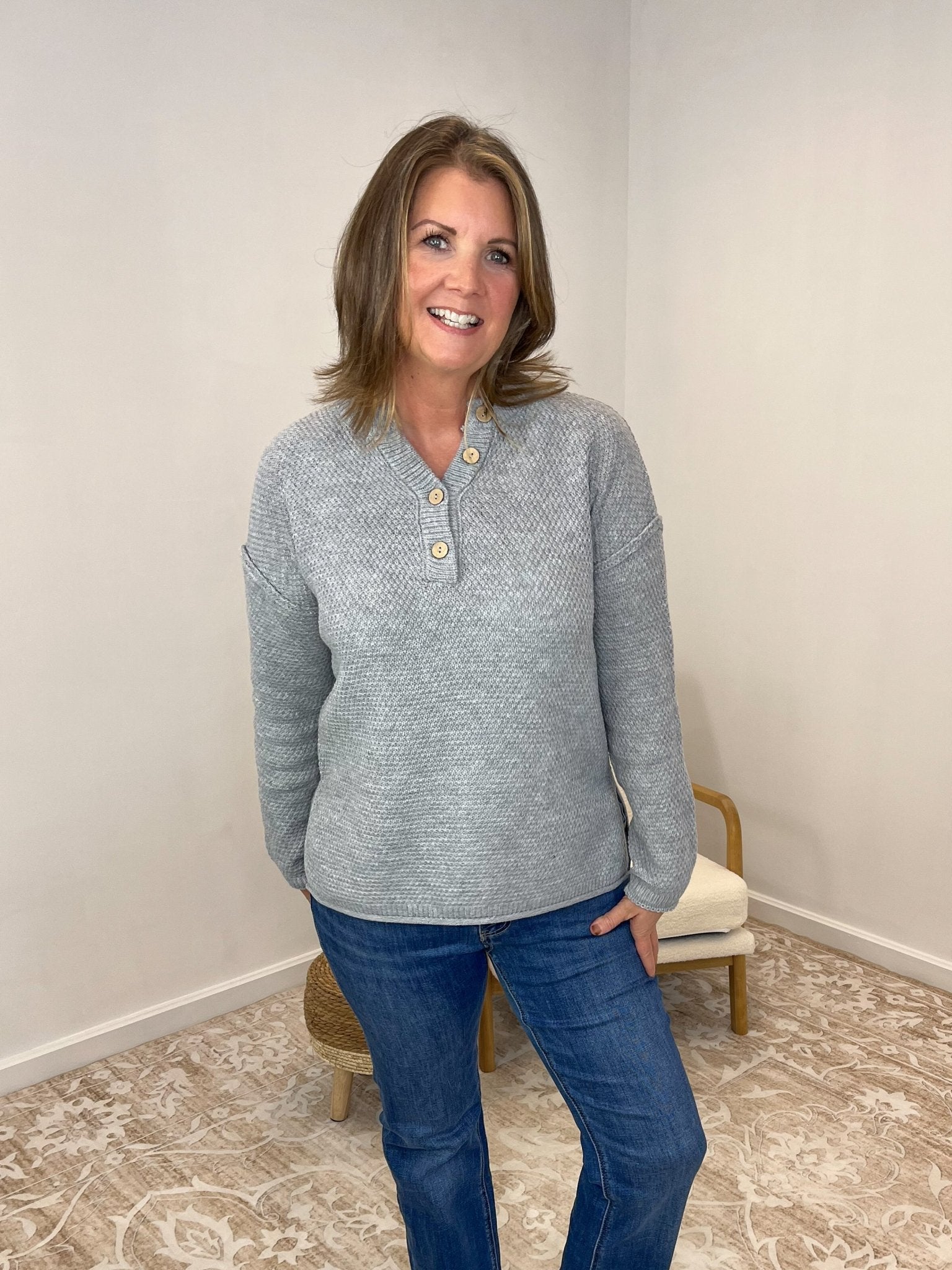 Button Henley Long Sleeve Sweater - Heather Grey - Lavender Hills BeautyZenanaTW-2326A-HGRY-SM