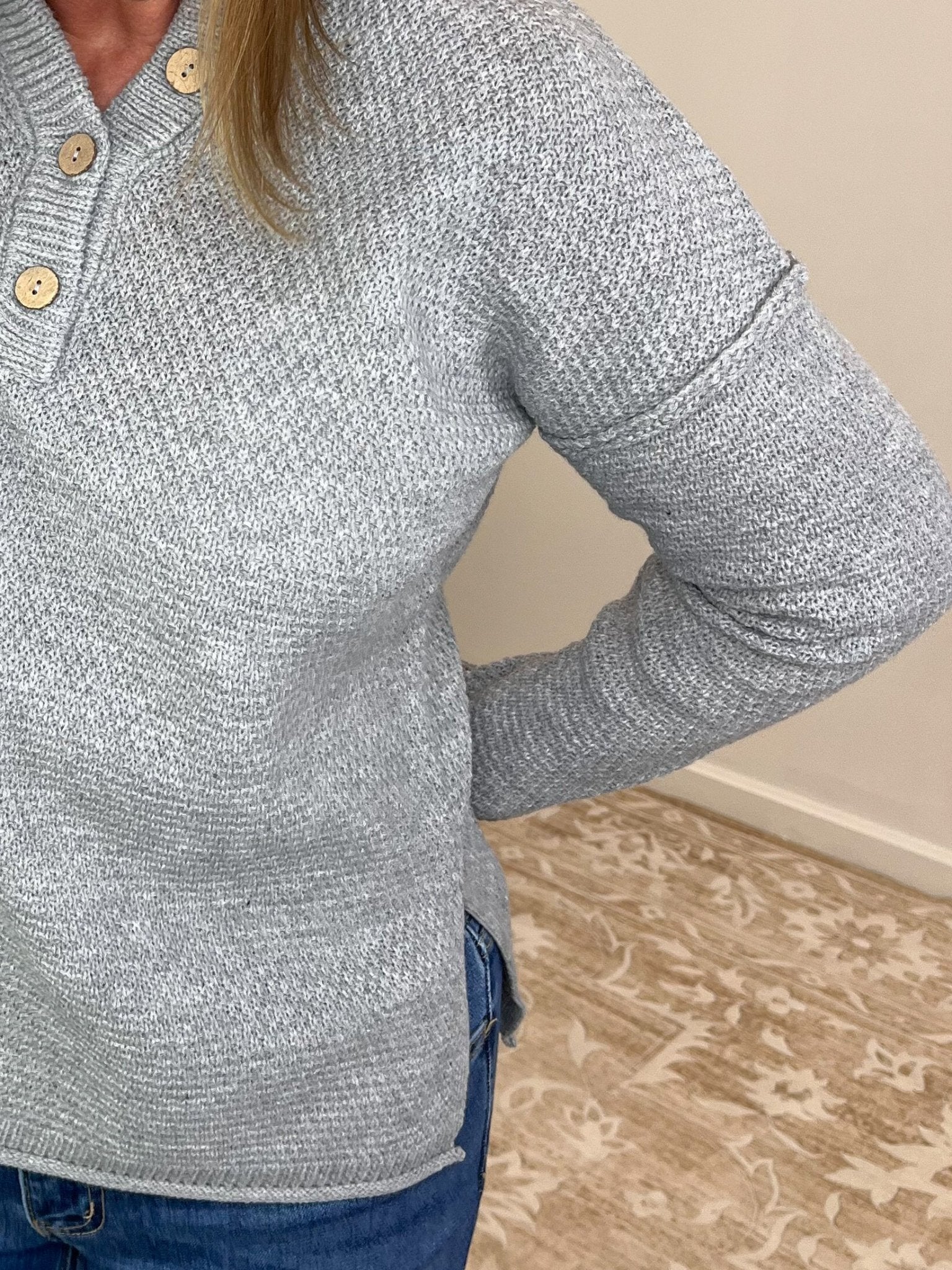 Button Henley Long Sleeve Sweater - Heather Grey - Lavender Hills BeautyZenanaTW-2326A-HGRY-SM