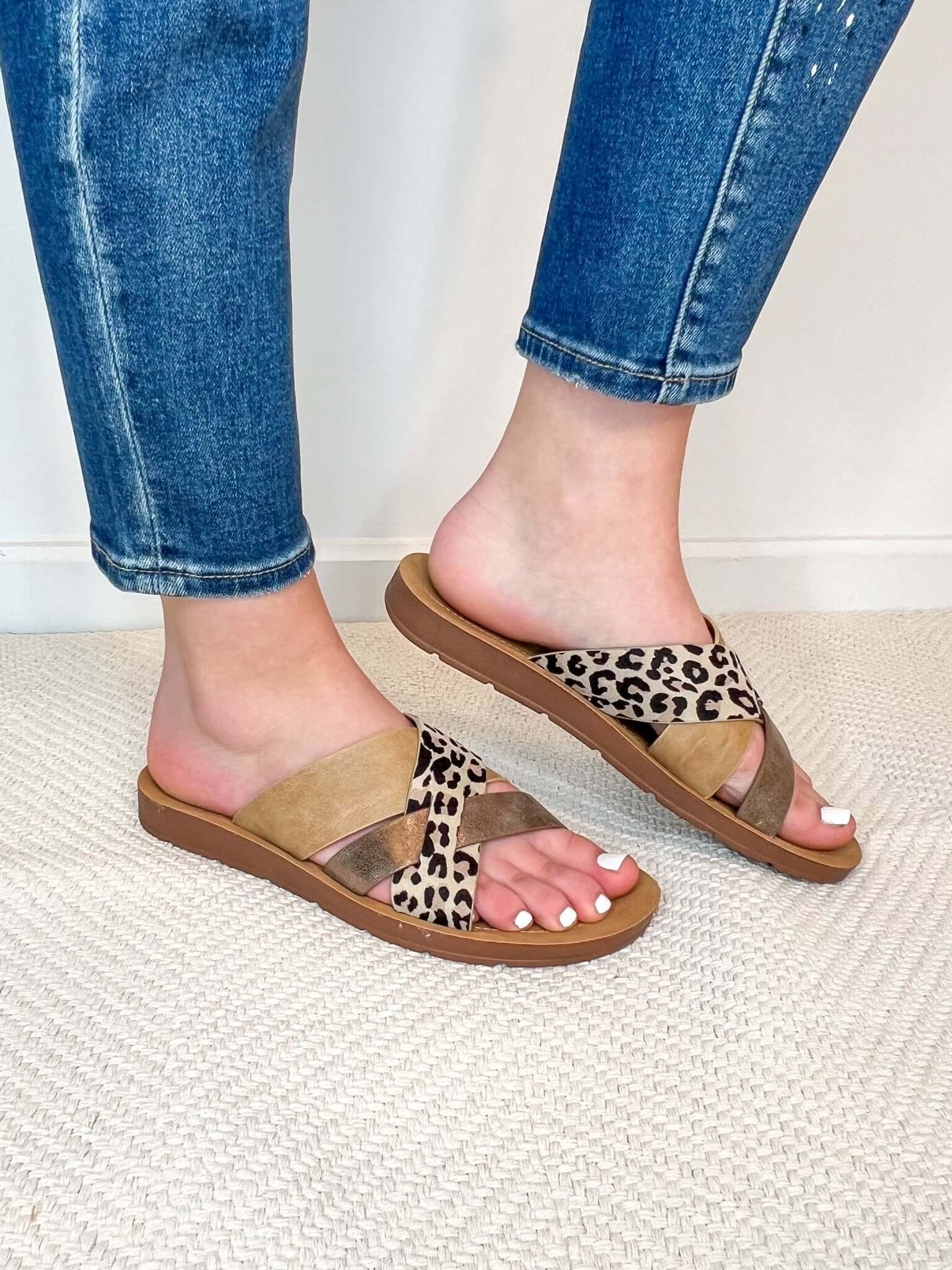 Charm Slide Sandal - Cognac & Leopard - Lavender Hills BeautyCorkys Footwear41-0222-COGN-U-6