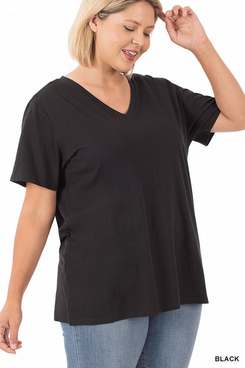 Essential V-Neck Short Sleeve T-Shirt - Lavender Hills BeautyZenanaCT-3077X-1X-BLK