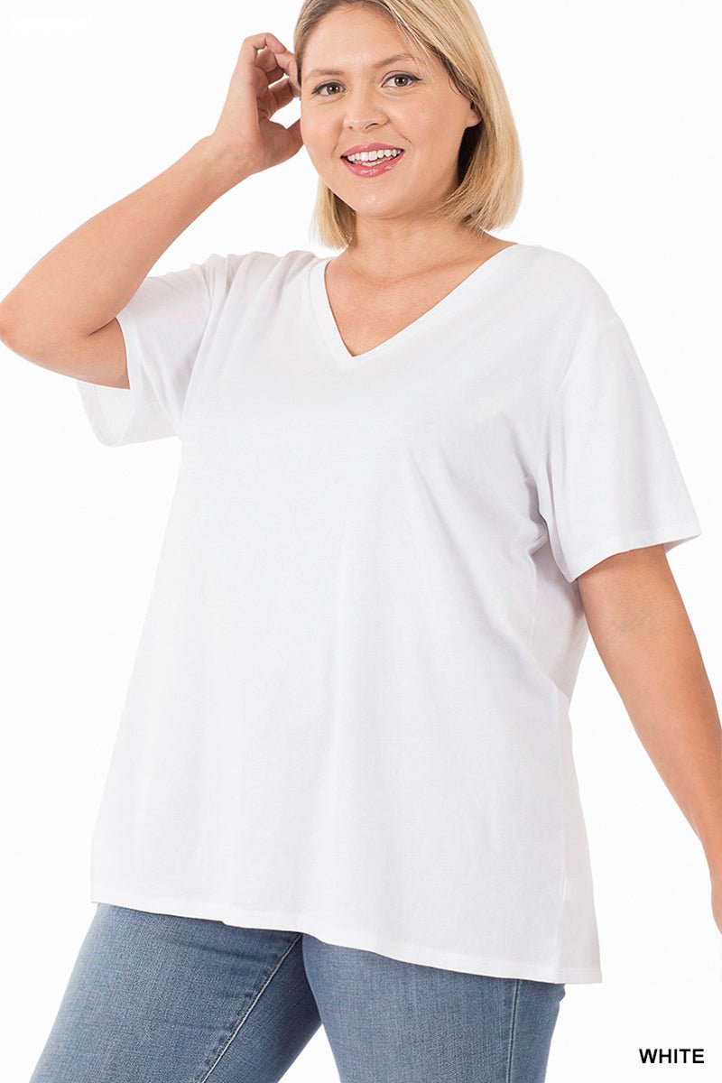 Essential V-Neck Short Sleeve T-Shirt - Lavender Hills BeautyZenanaCT-3077X-1X-WHT