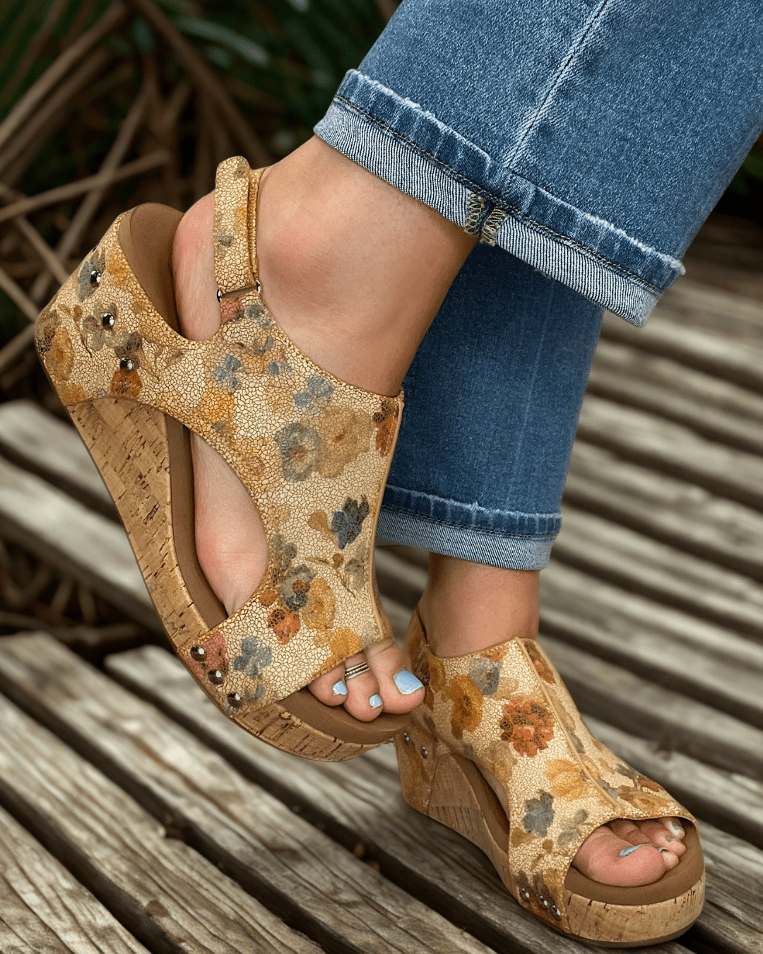 Corkys Footwear Carley Wedge Sandal Camel Washed Flower