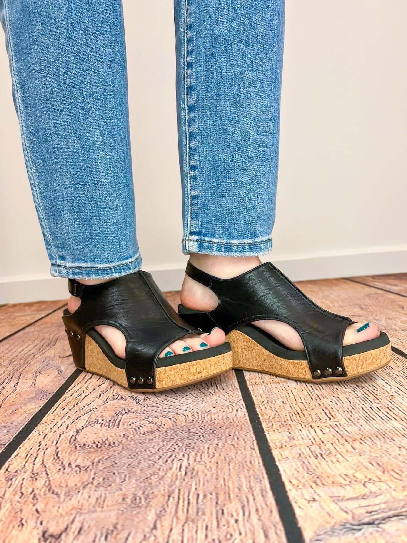 Carley Wedge Sandal - Black Smooth - Lavender Hills BeautyCorkys Footwear30 - 5316 - BKSM - 6