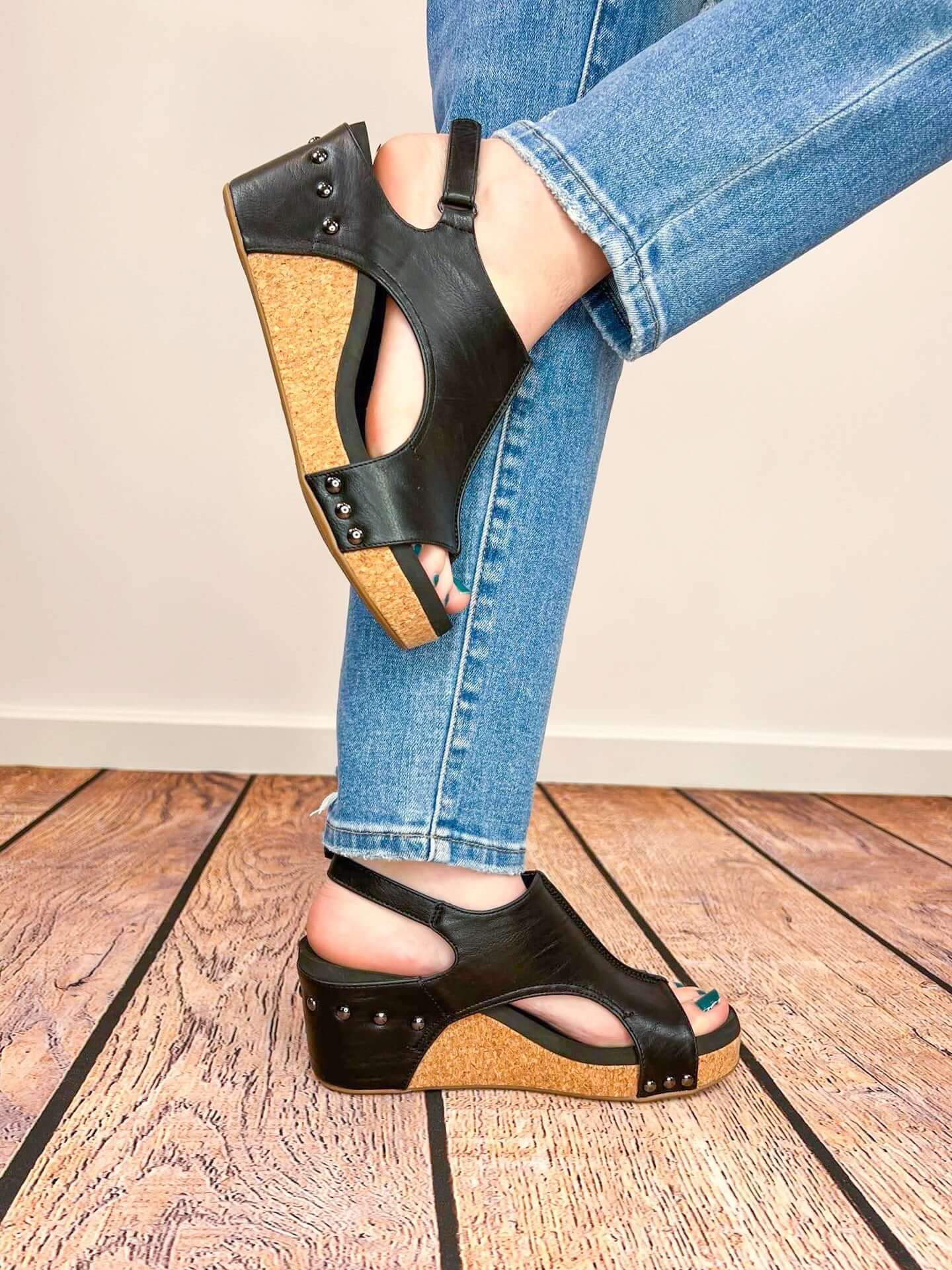 Carley Wedge Sandal - Black Smooth - Lavender Hills BeautyCorkys Footwear30 - 5316 - BKSM - 6