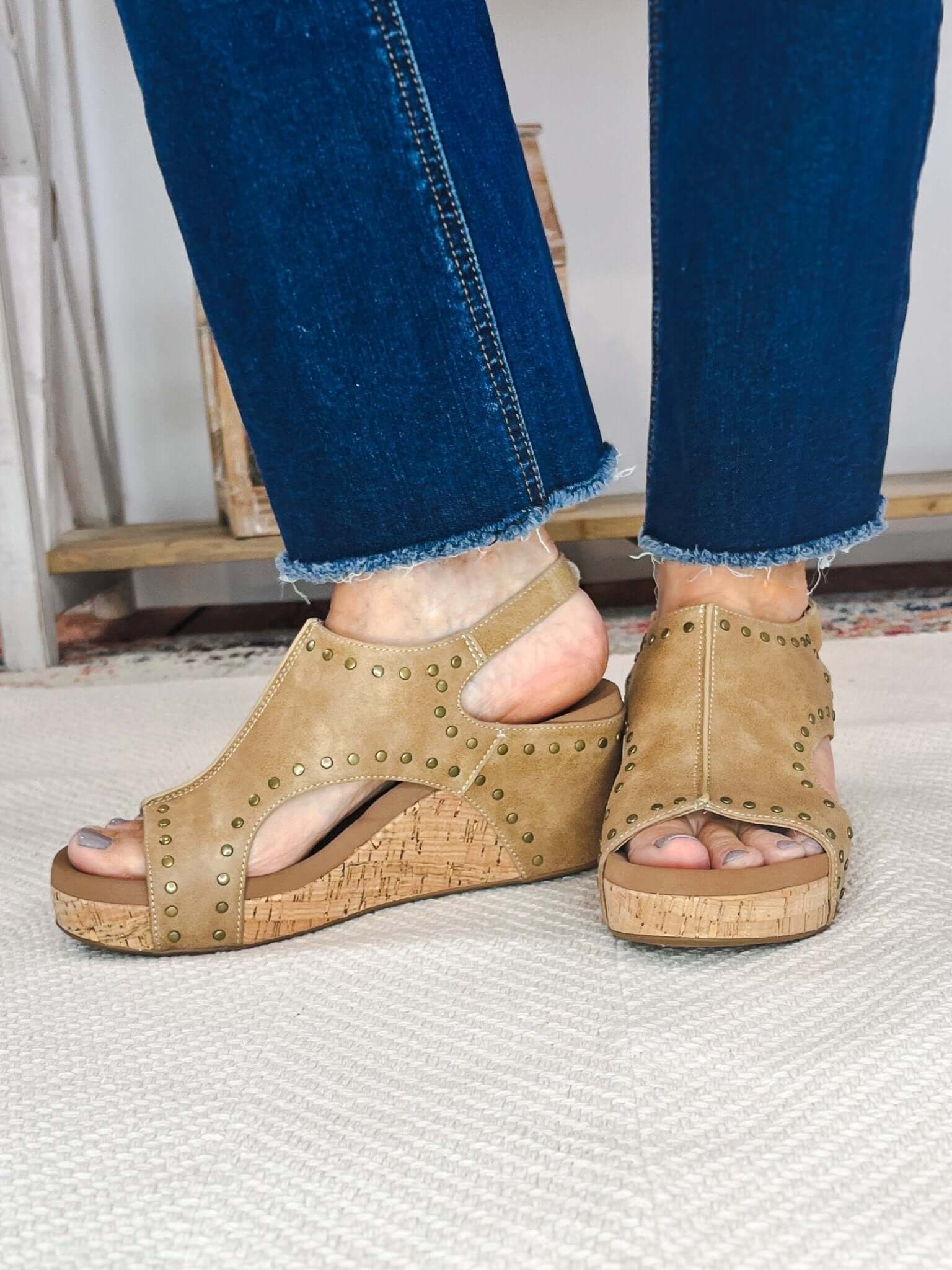 Carley Wedge Sandal - Taupe Oil with Studs - Lavender Hills BeautyCorkys Footwear30 - 5316 - TOST - 6