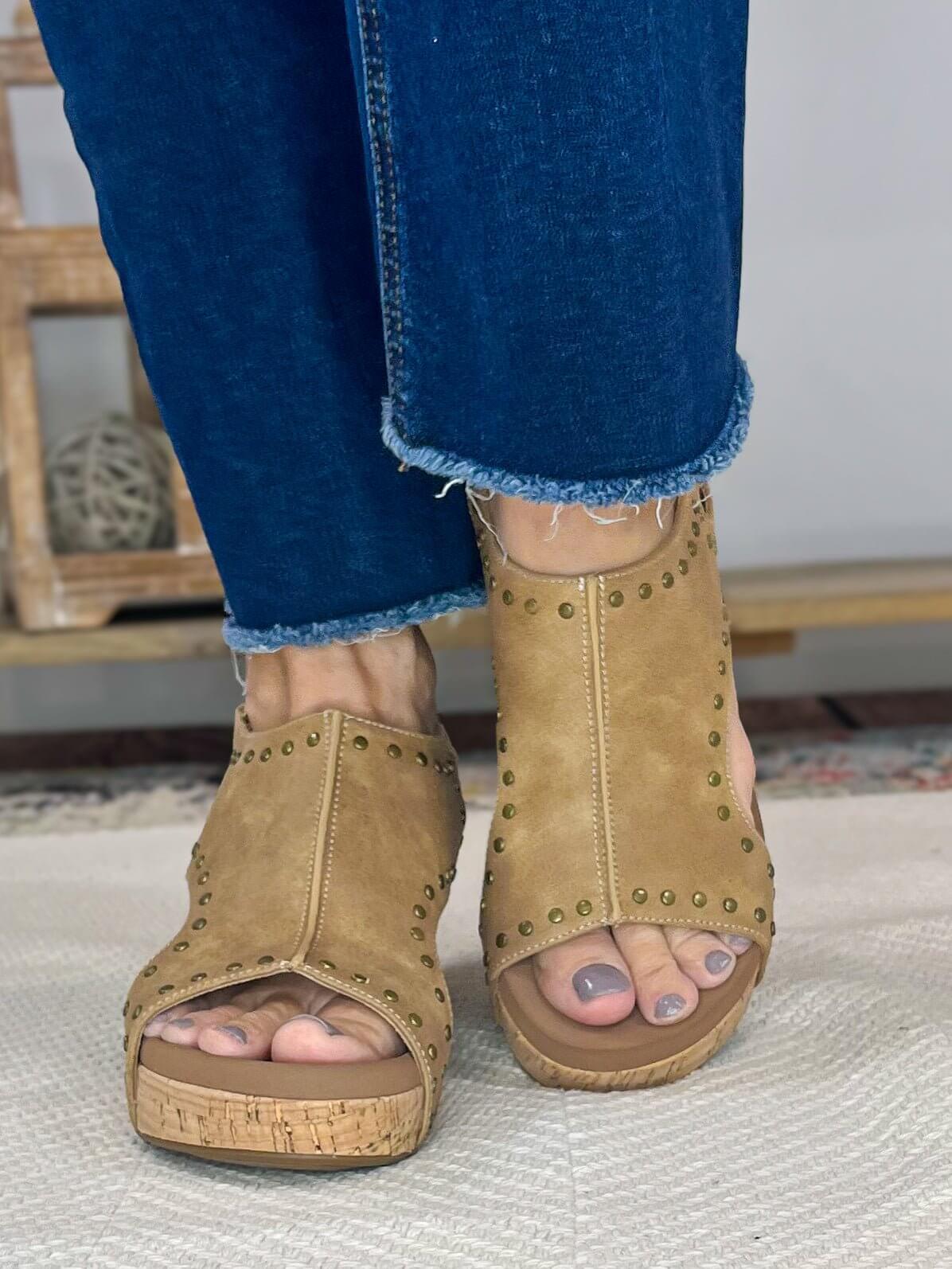 Carley Wedge Sandal - Taupe Oil with Studs - Lavender Hills BeautyCorkys Footwear30 - 5316 - TOST - 6