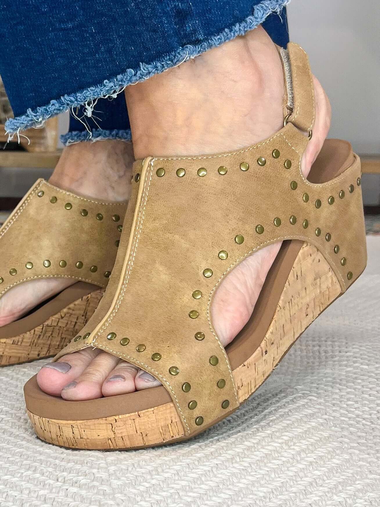 Carley Wedge Sandal - Taupe Oil with Studs - Lavender Hills BeautyCorkys Footwear30 - 5316 - TOST - 6
