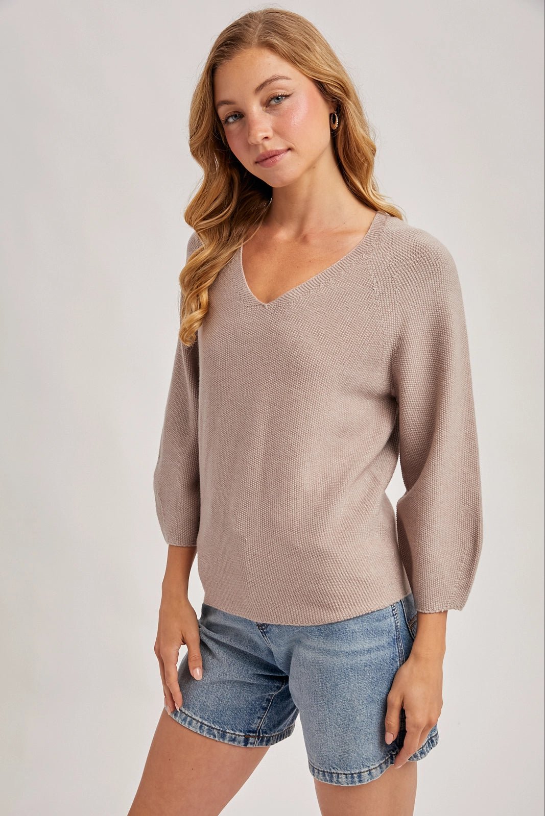 Chic V - Neck 3/4 Length Sleeve Sweater - Sand - Lavender Hills BeautyBluivyTH03027 - S