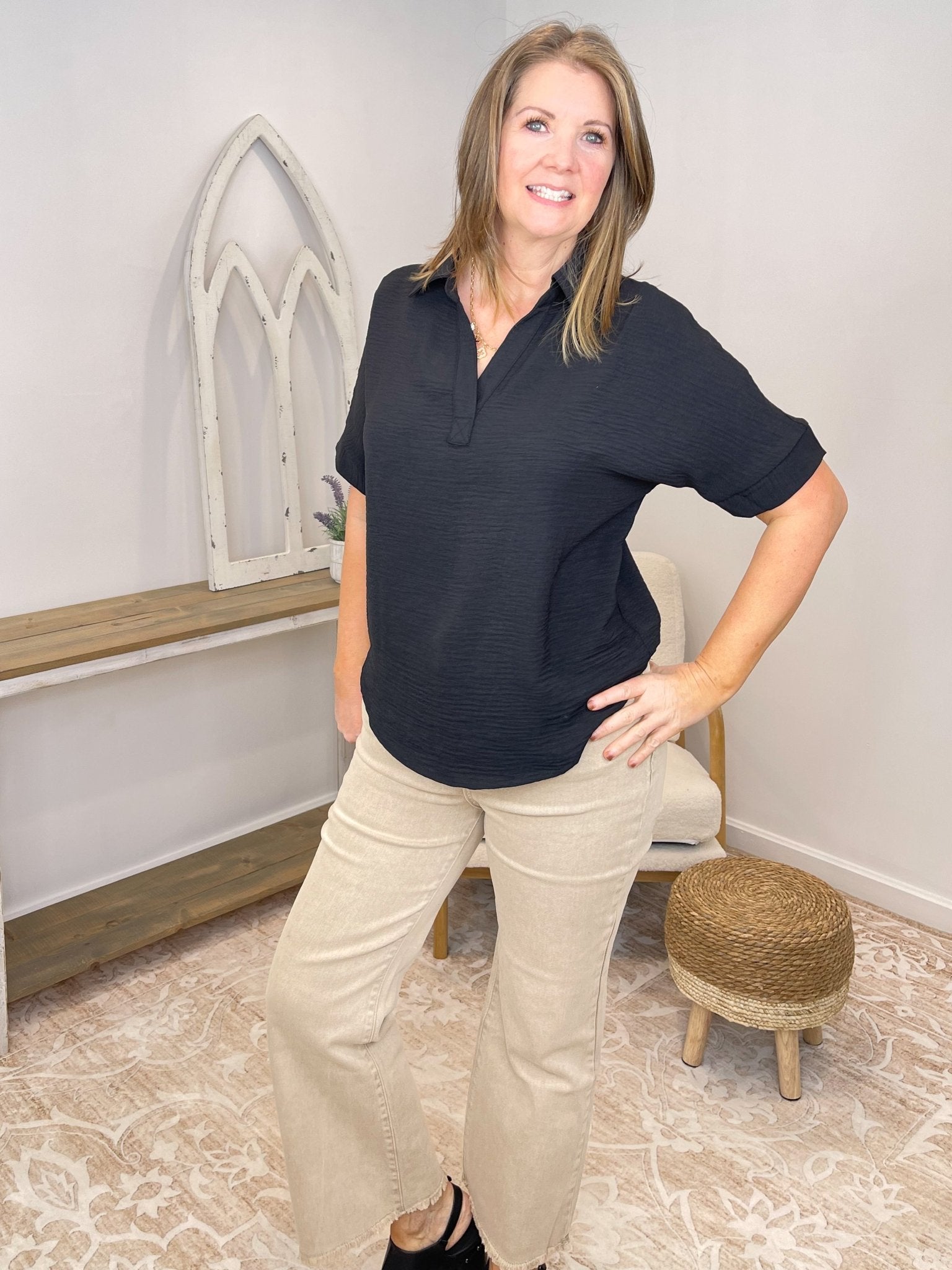 Classic Textured Woven Airflow Collared V-Neck Top