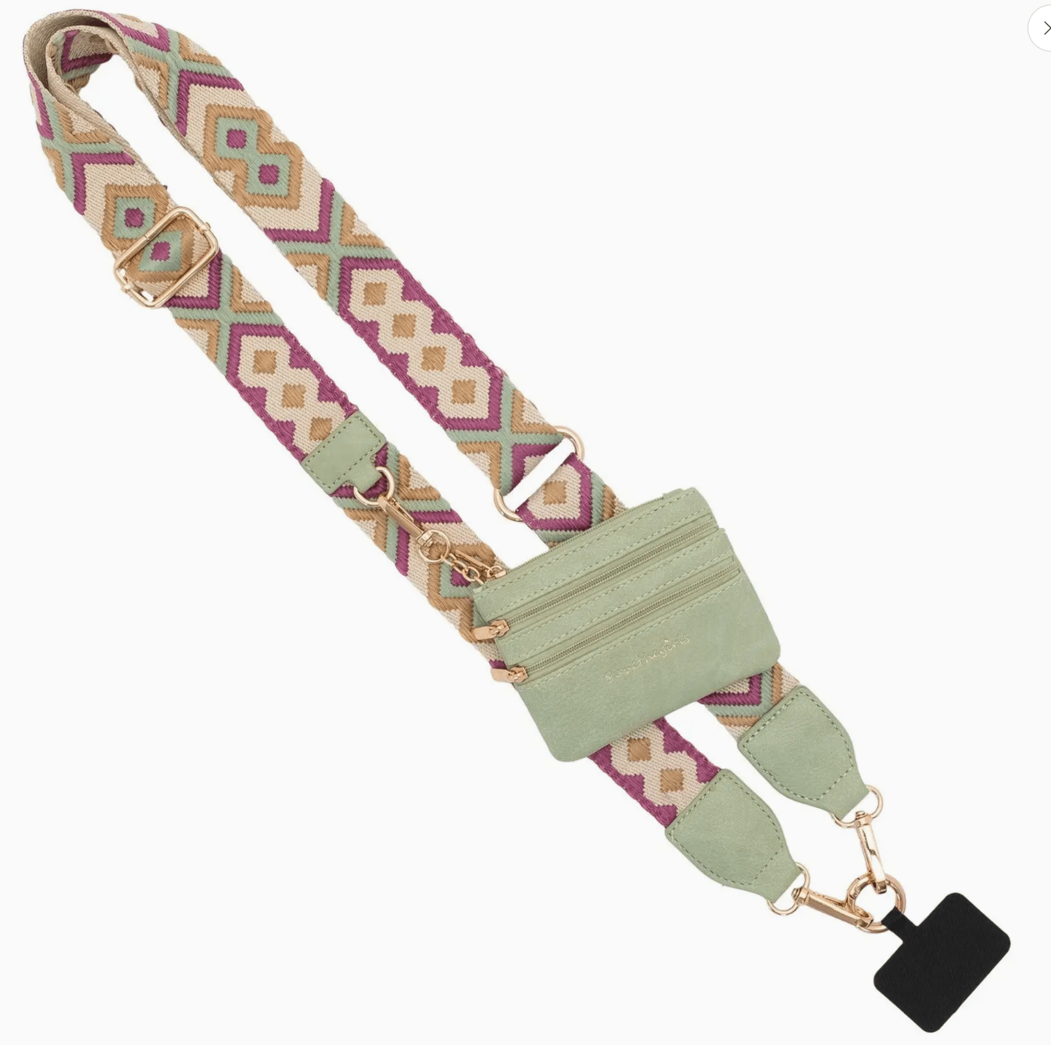 3 - in - 1 Clip & Go Boho Crossbody Strap & Triple - Zip Pouch - Green/Purple Pattern - Lavender Hills BeautySave The GirlsCG-1002GR