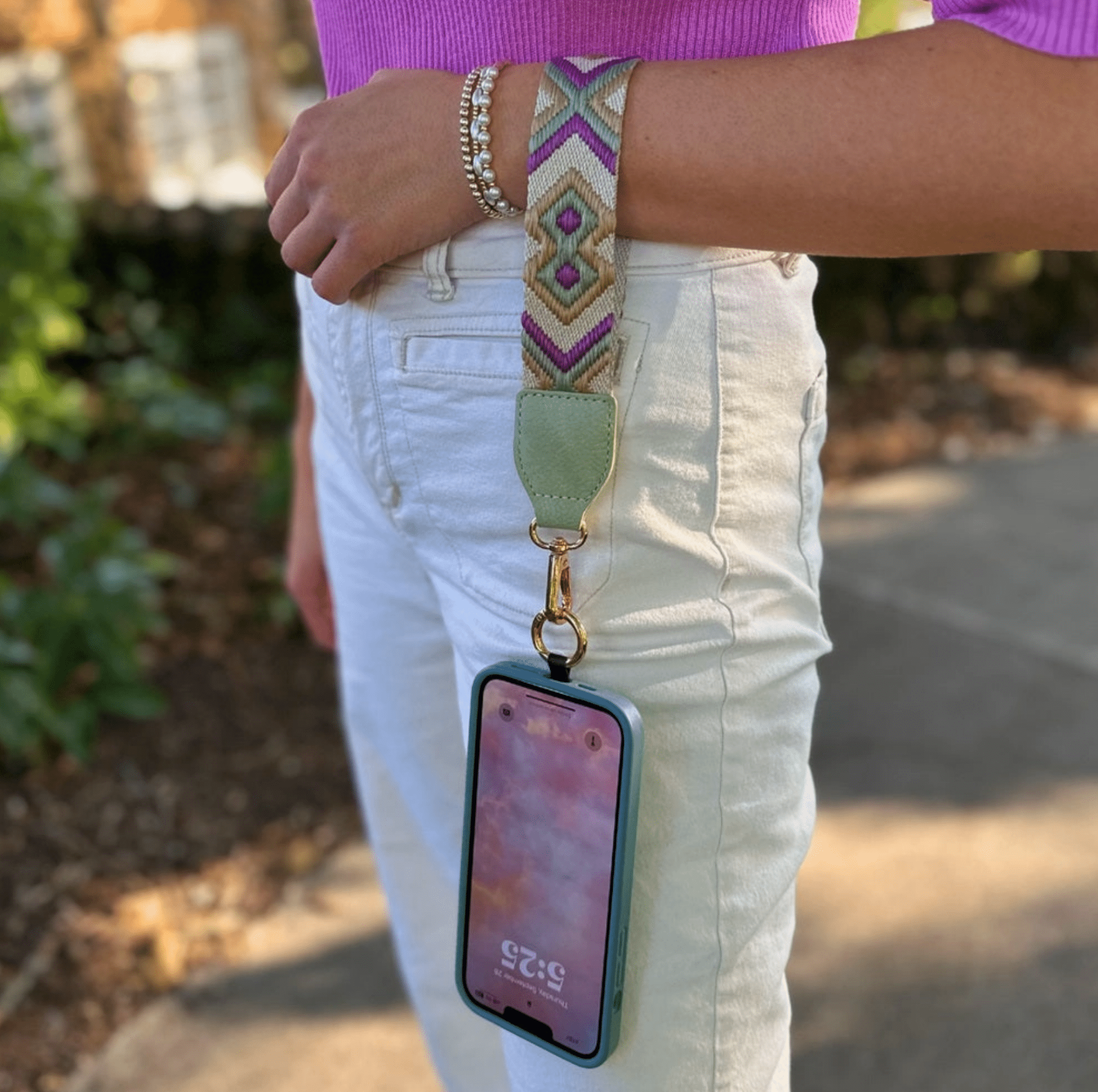 3 - in - 1 Clip & Go Boho Crossbody Strap & Triple - Zip Pouch - Green/Purple Pattern - Lavender Hills BeautySave The GirlsCG-1002GR