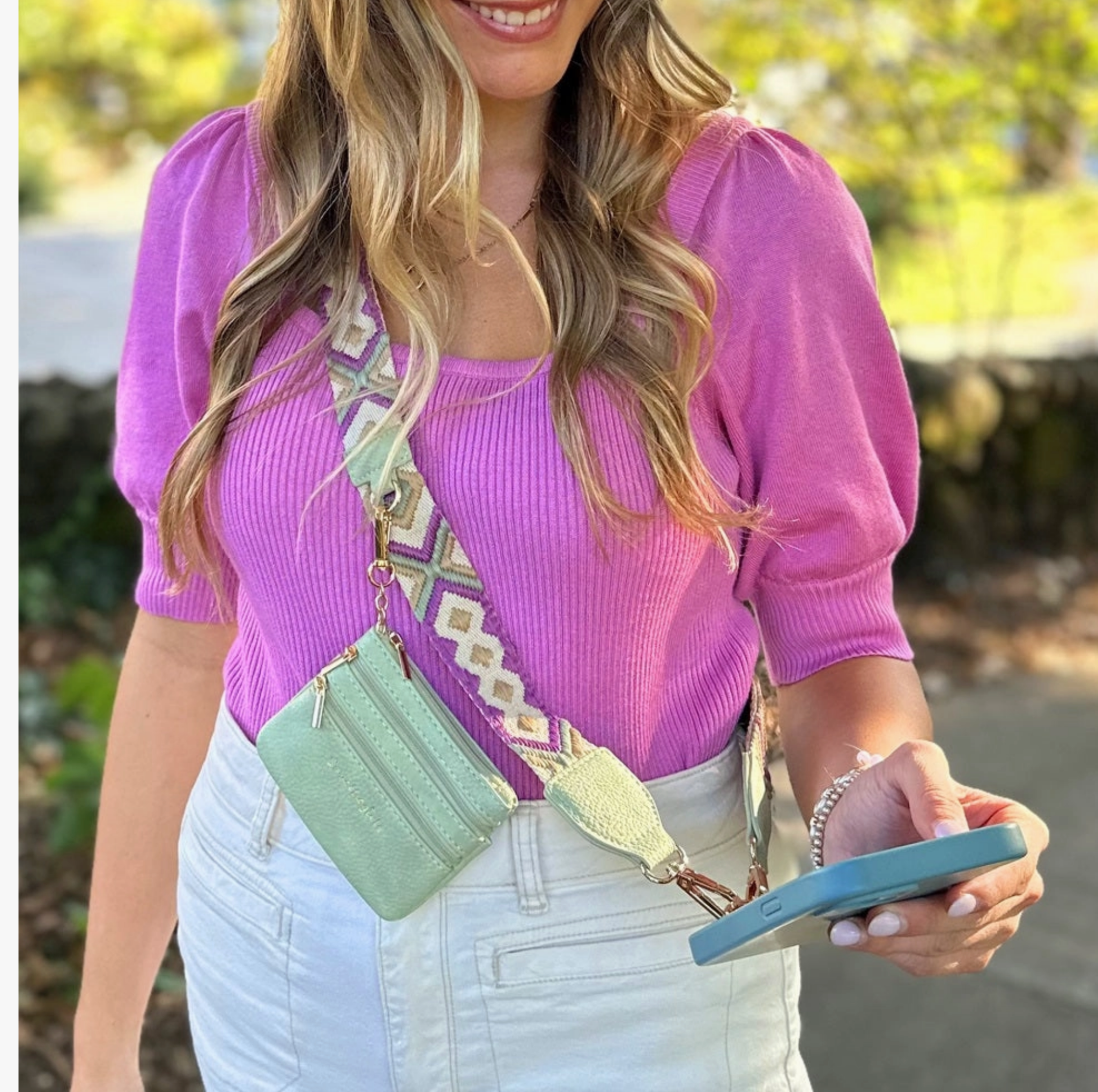3 - in - 1 Clip & Go Boho Crossbody Strap & Triple - Zip Pouch - Green/Purple Pattern - Lavender Hills BeautySave The GirlsCG-1002GR