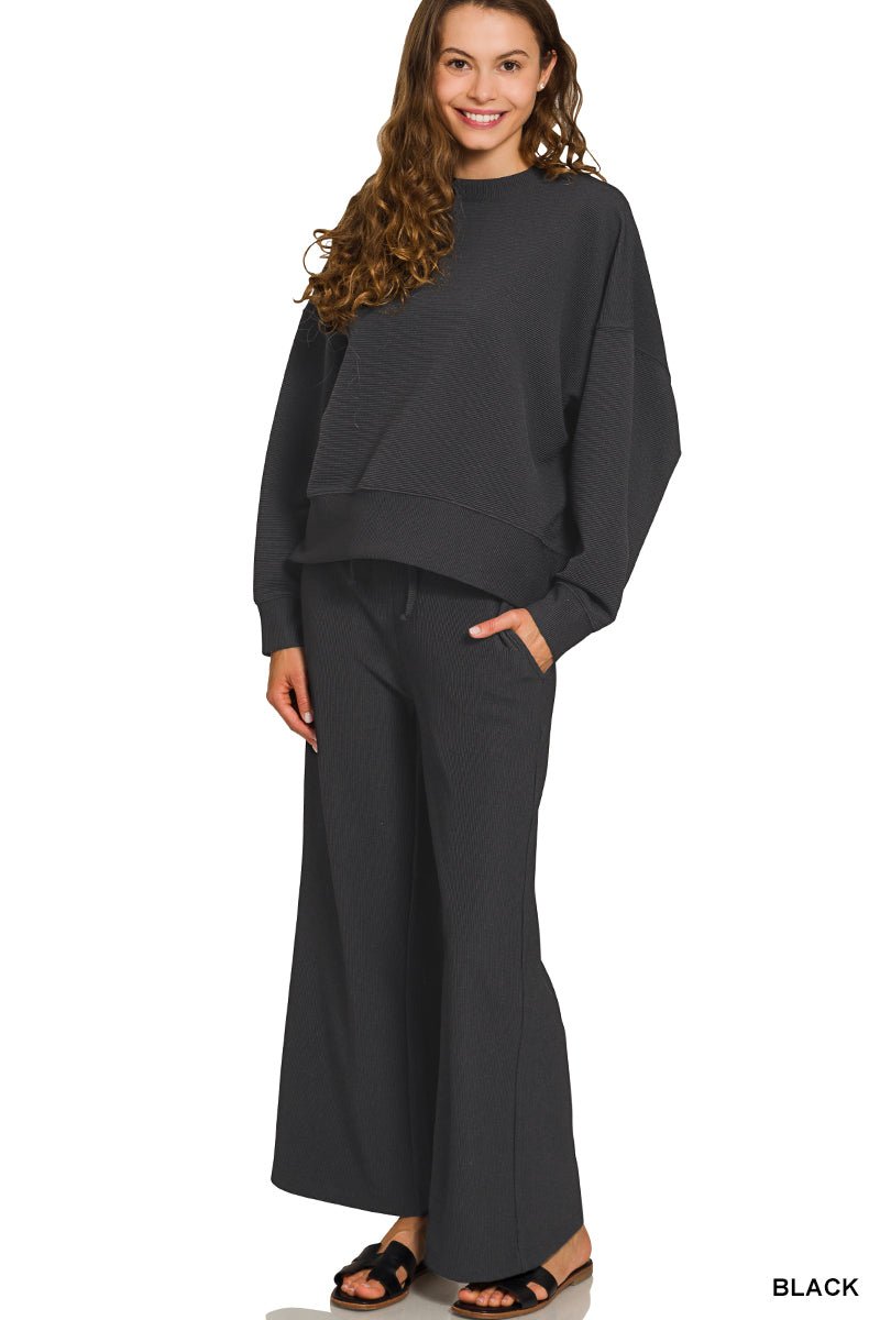 Cloud Nine Ribbed Set - 2 Piece Long Sleeve Top & Pants Set - Lavender Hills BeautyZenanaHRTP-2647-BLK-S