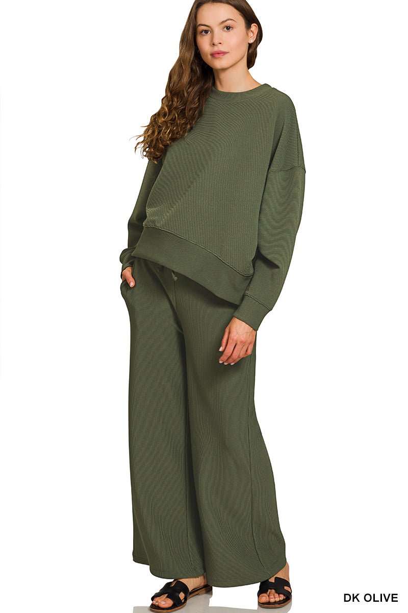 Cloud Nine Ribbed Set - 2 Piece Long Sleeve Top & Pants Set - Lavender Hills BeautyZenanaHRTP-2647-DKOLV-S