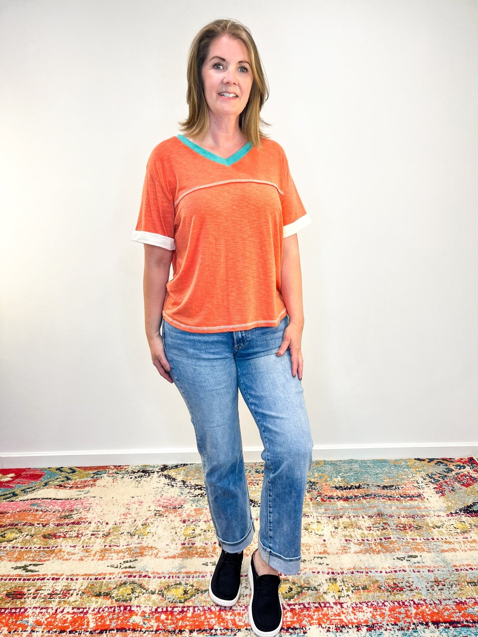 Color Block V - Neck Shirt Top - Coral - Lavender Hills BeautyHailey & CoSt9381 - COR - S