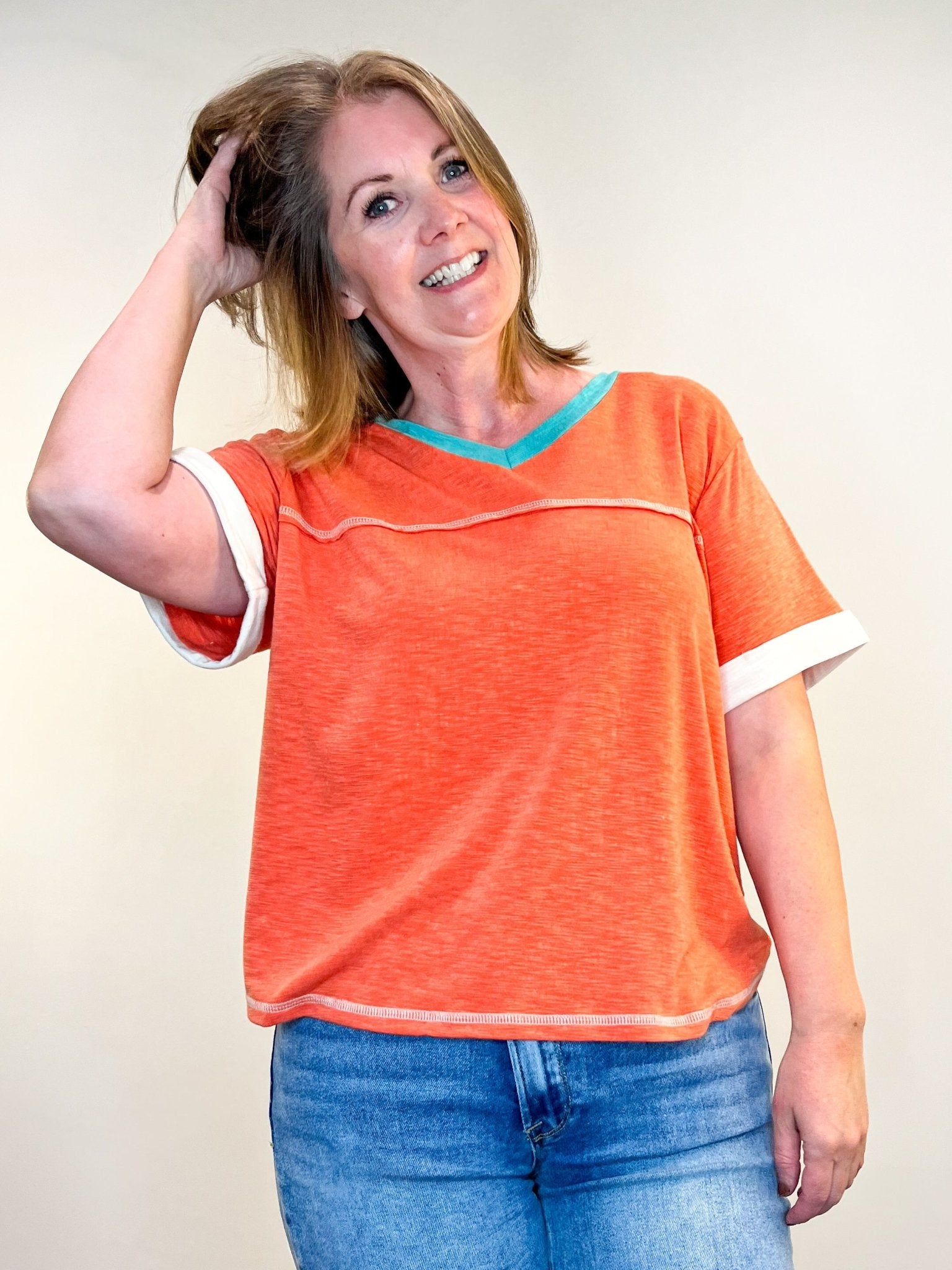 Color Block V - Neck Shirt Top - Coral - Lavender Hills BeautyHailey & CoSt9381 - COR - S