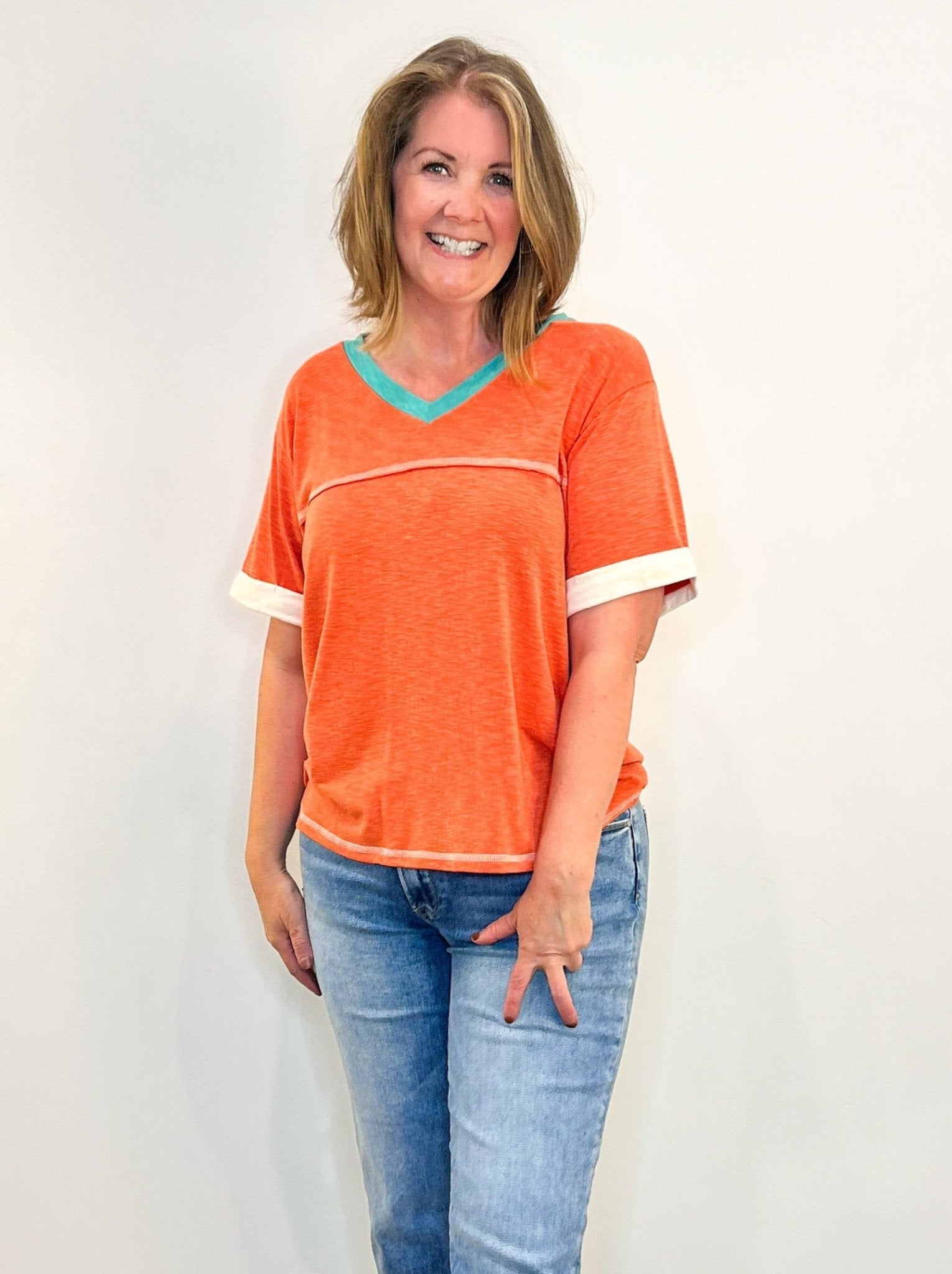 Color Block V - Neck Shirt Top - Coral - Lavender Hills BeautyHailey & CoSt9381 - COR - S