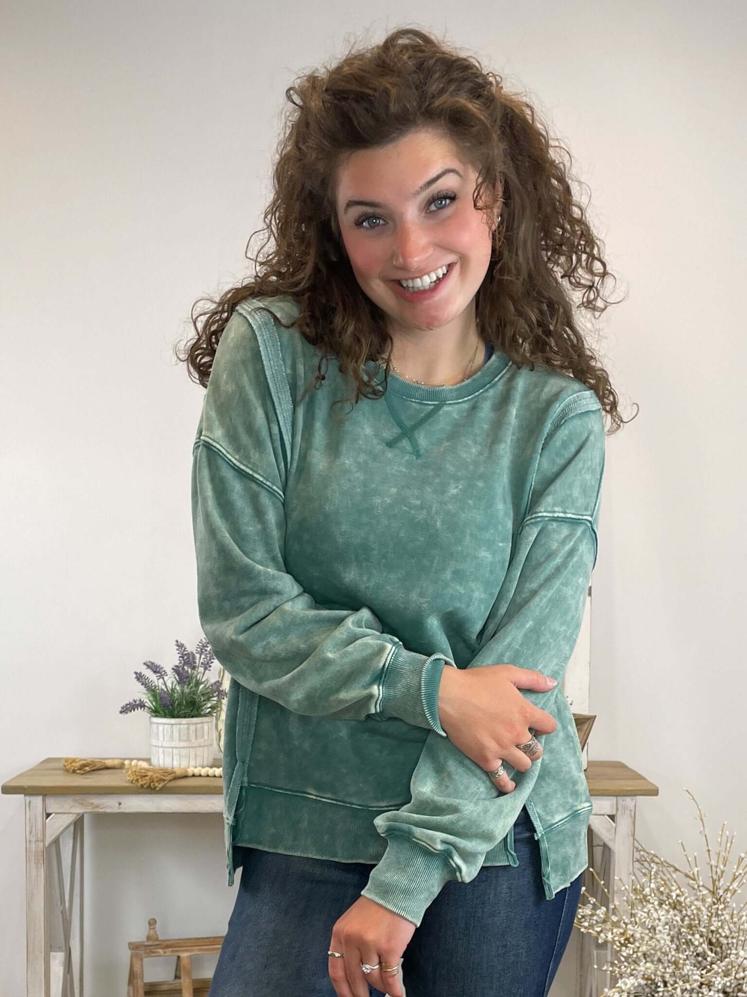 Comfy Crewneck Mineral Washed Sweatshirt Pullover - Green - Lavender Hills BeautyVery JNT1399 - 1 - GRN - S