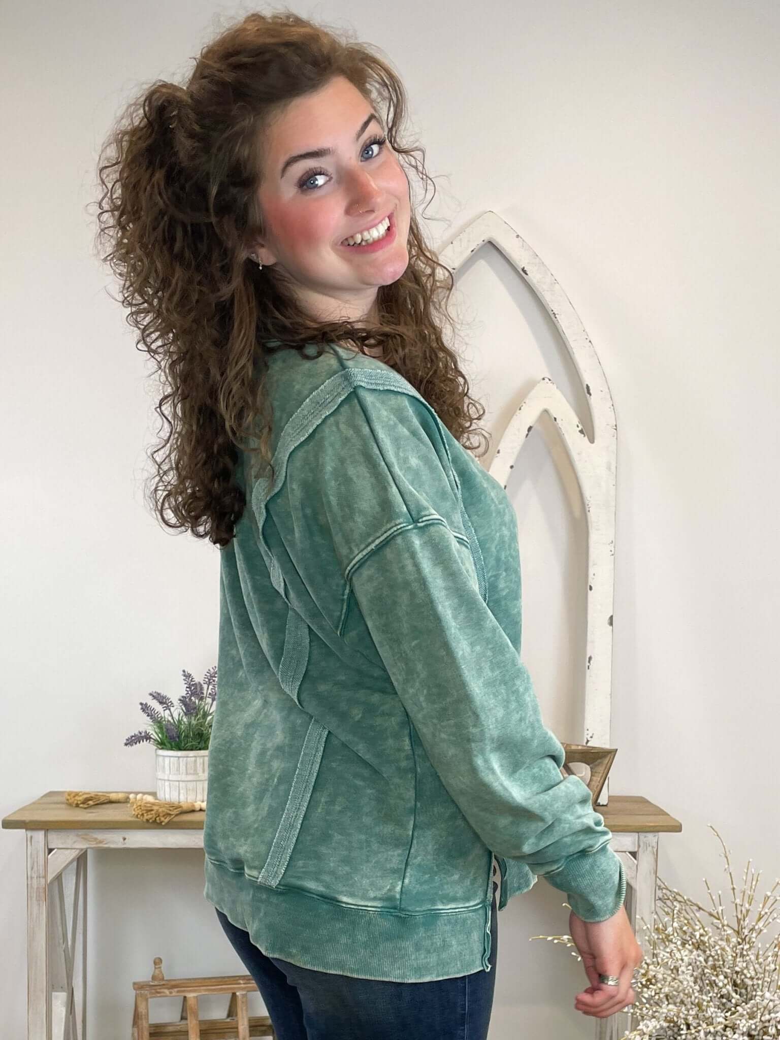 Comfy Crewneck Mineral Washed Sweatshirt Pullover - Green - Lavender Hills BeautyVery JNT1399 - 1 - GRN - S